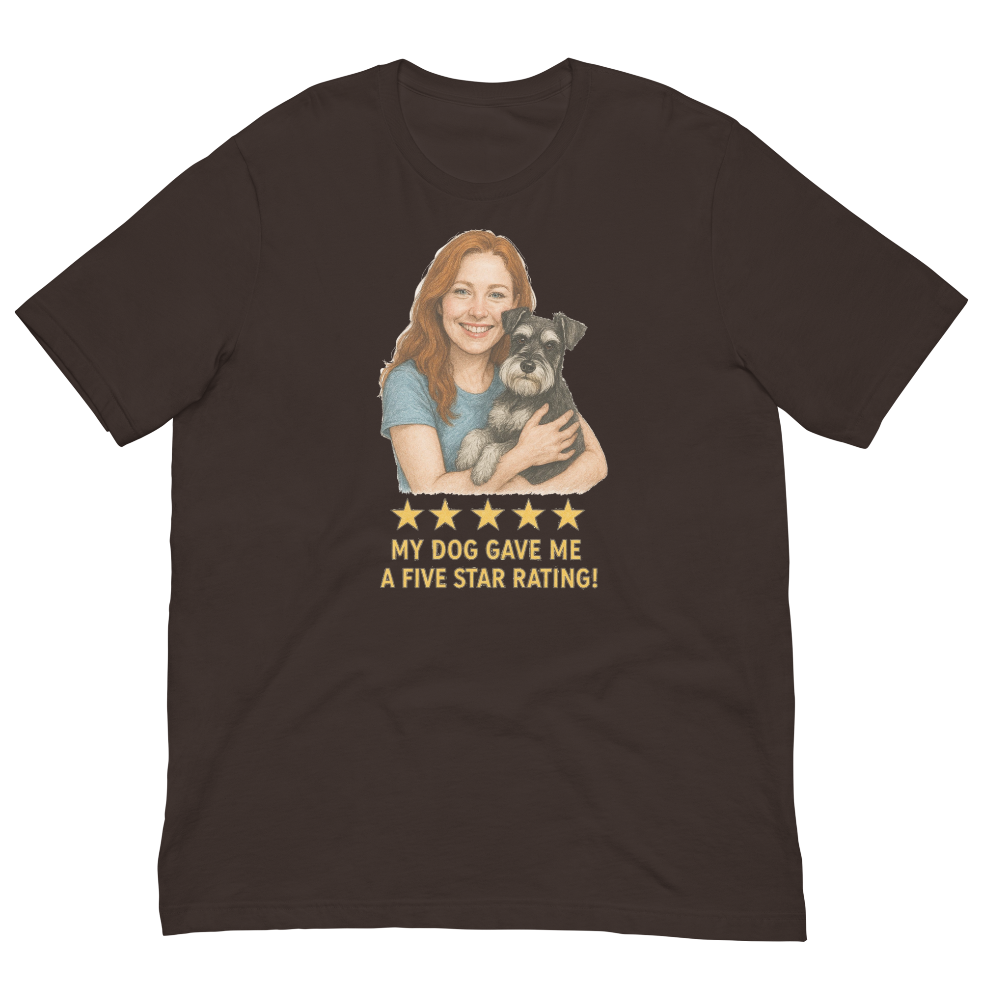 Red Hair Woman with Schnauzer graphic tee.