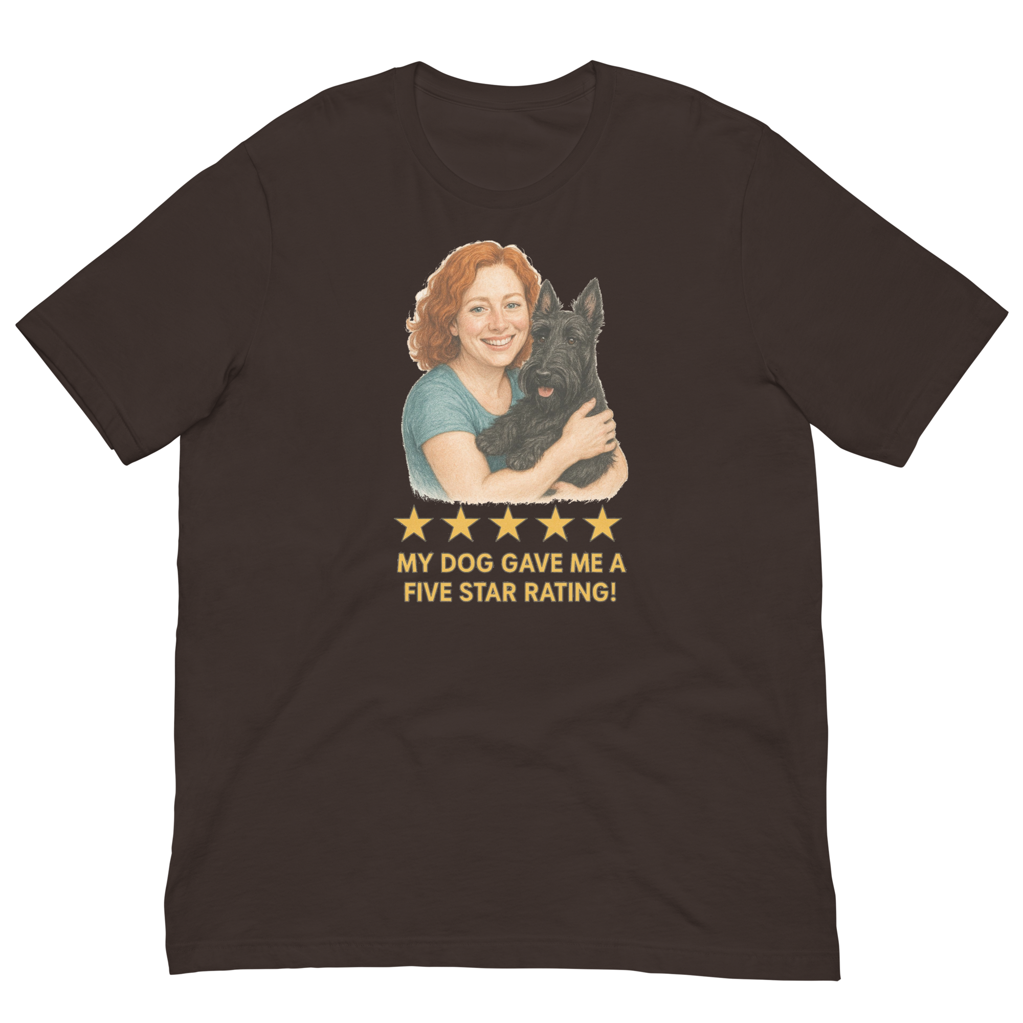 Red Hair Woman with Scottie graphic tee.