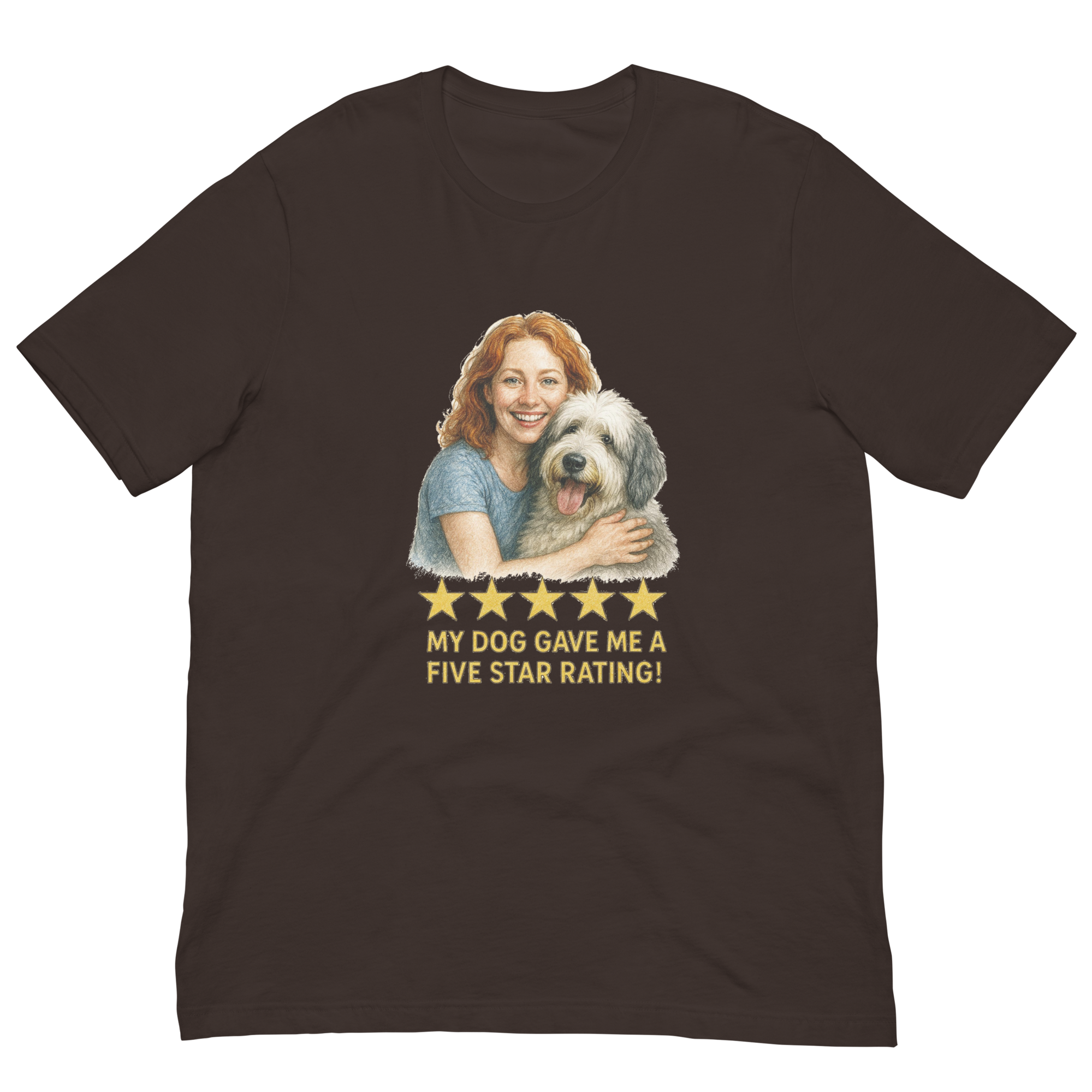 Red Hair Woman with Sheepdog graphic tee.