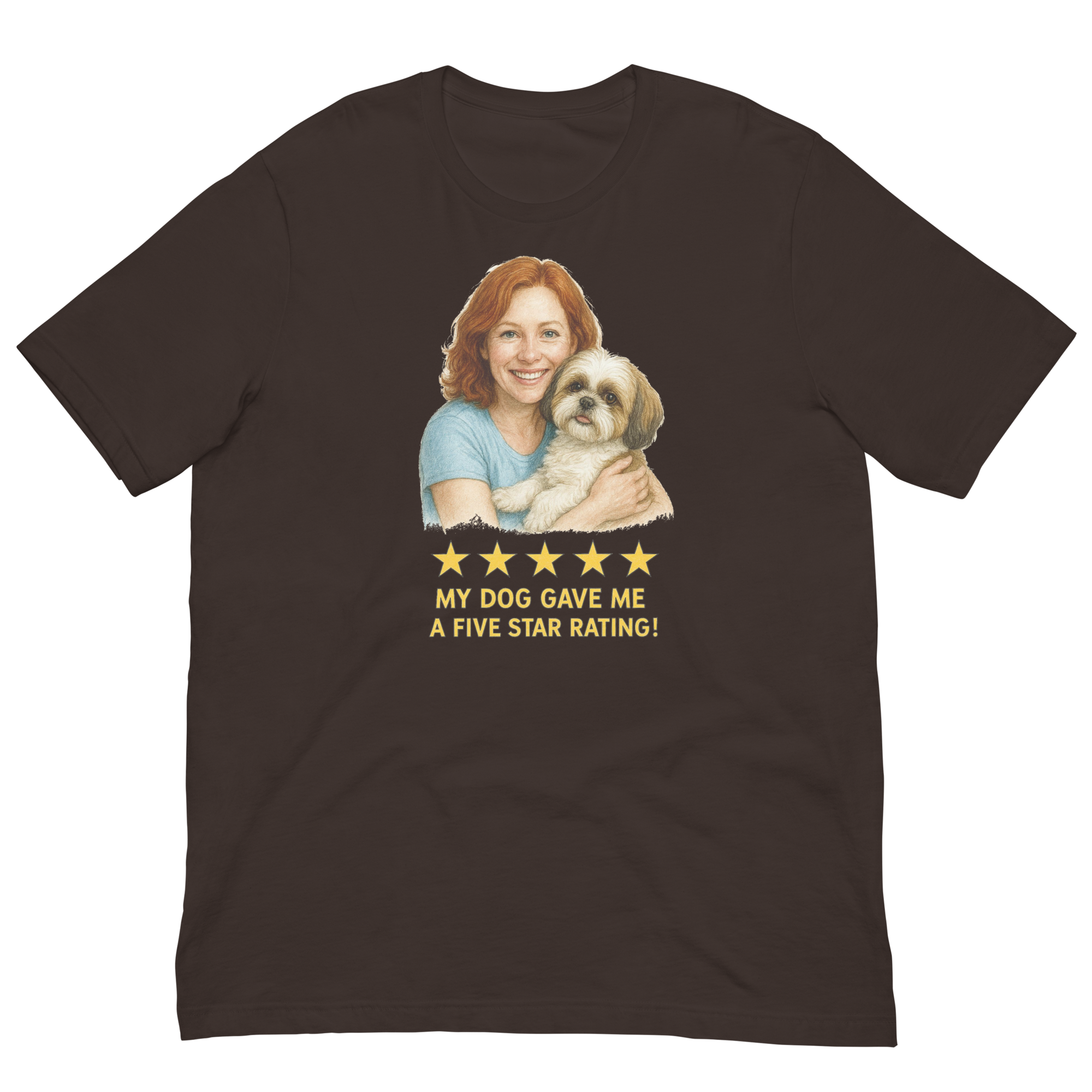 Red Hair Woman with Shih Tzu graphic tee.
