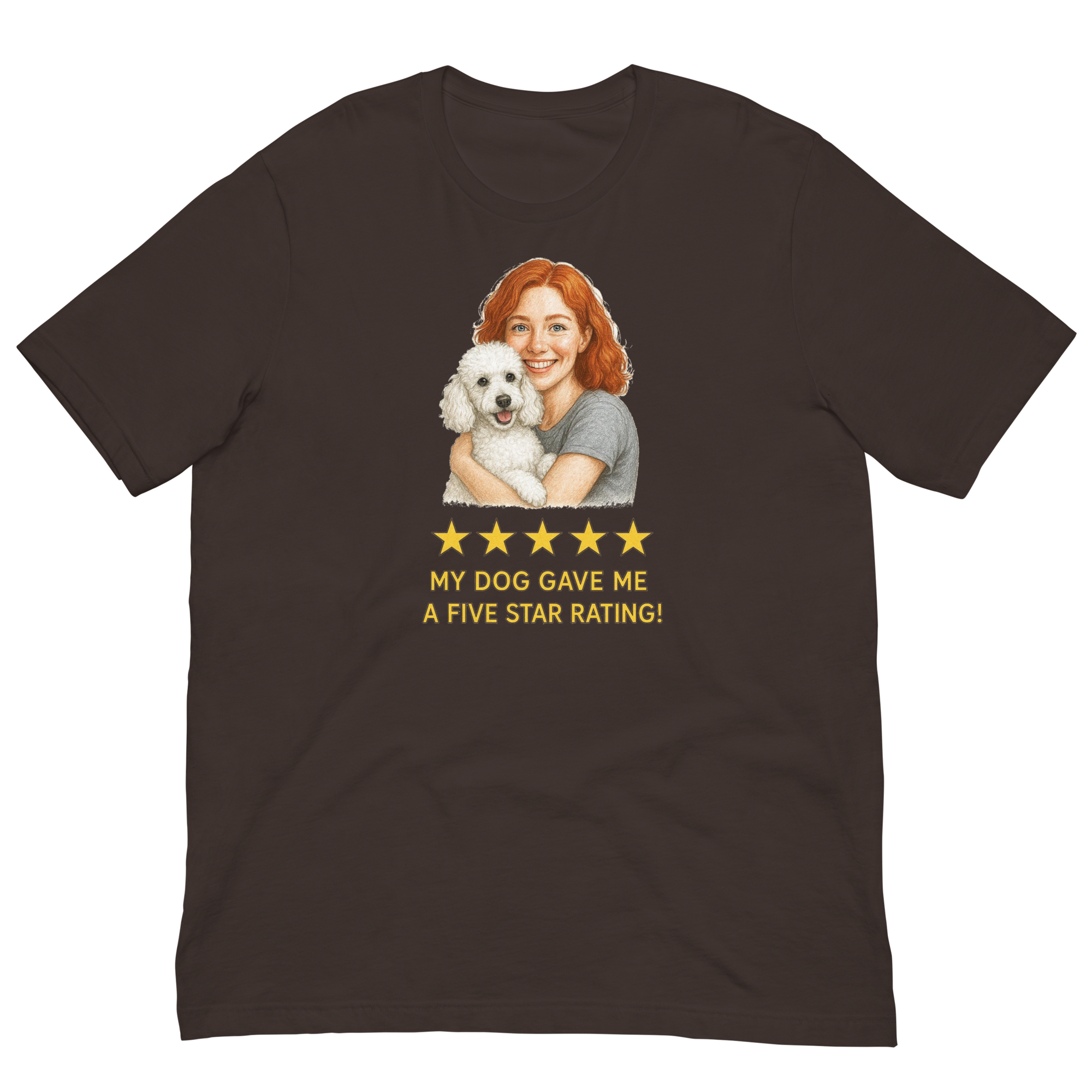 Red Hair Woman with White Poodle graphic tee.