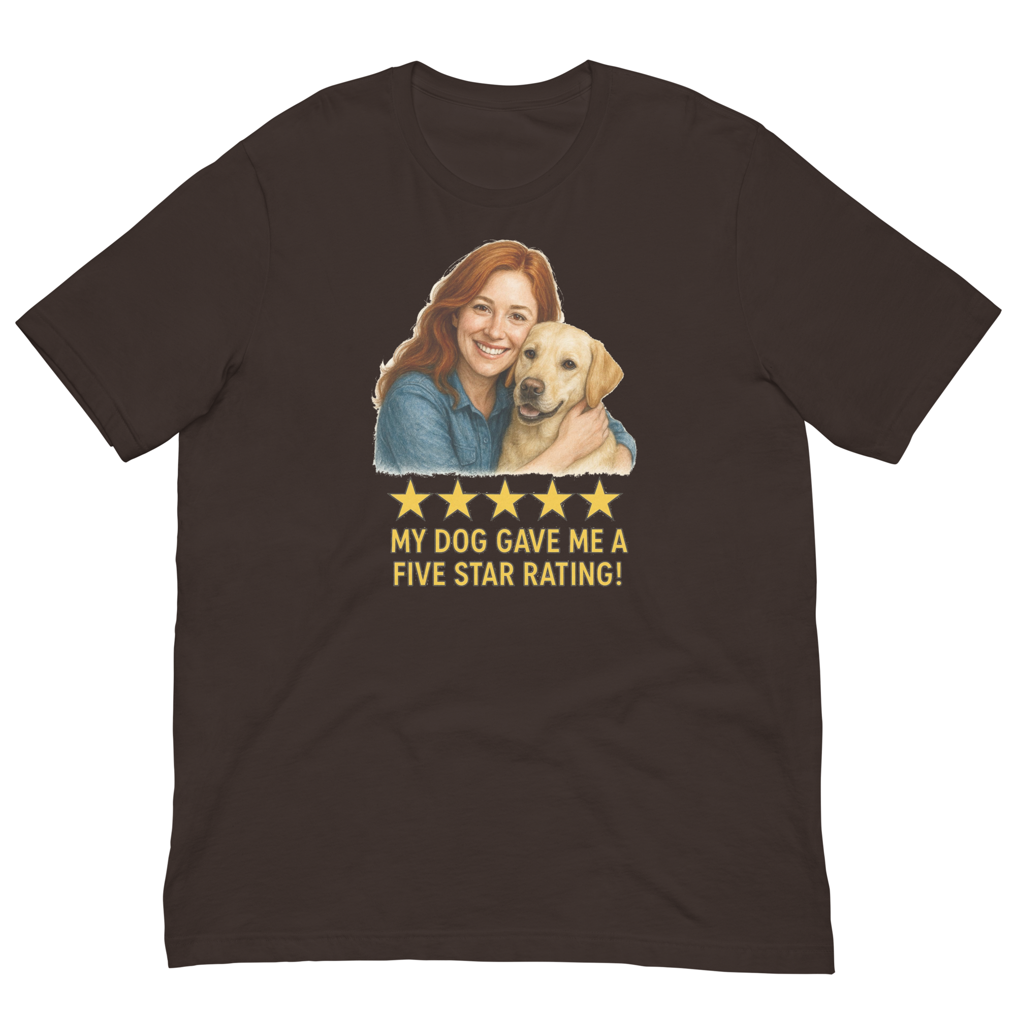 Red Hair Woman with Yellow Labrador graphic tee.