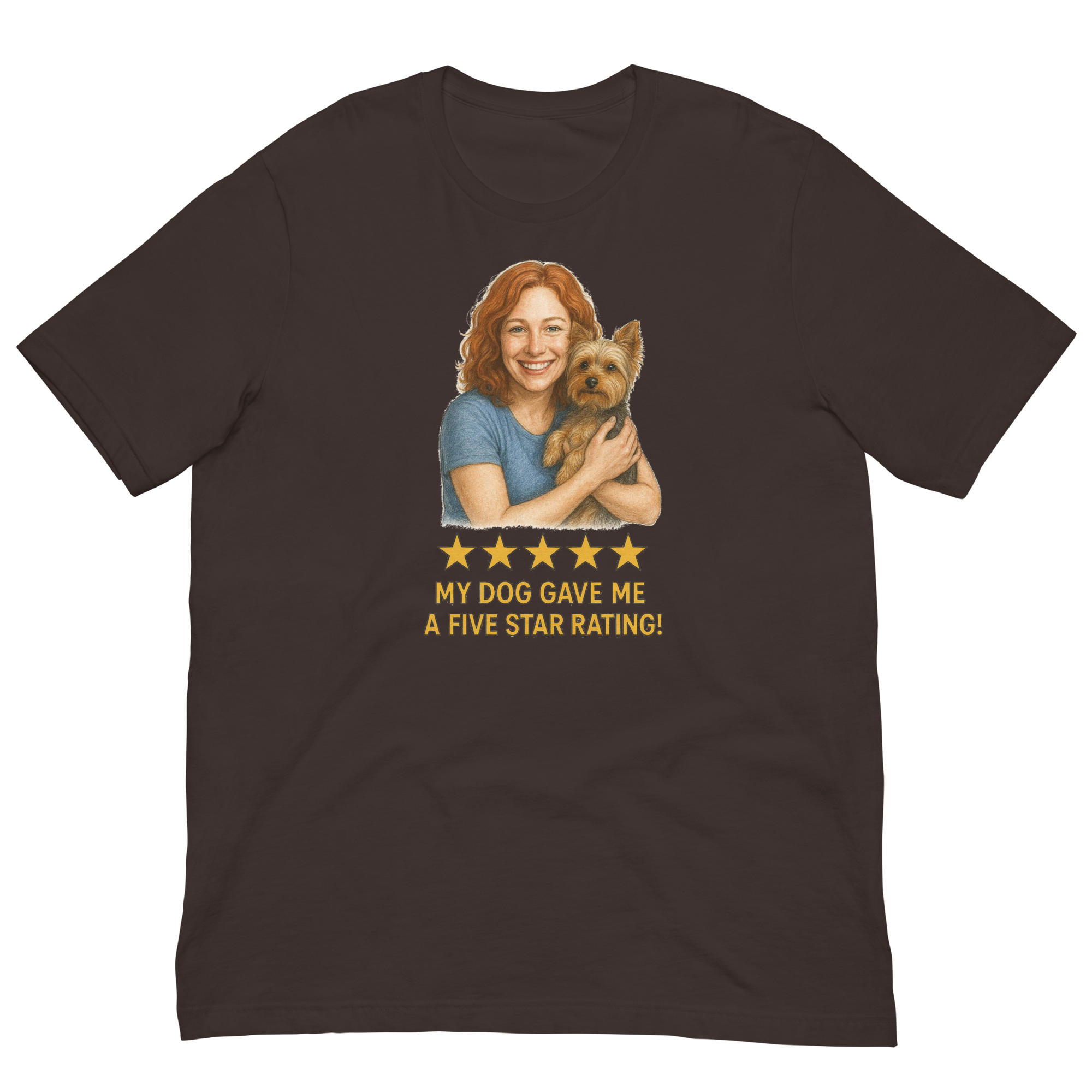 Red Hair Woman with Yorkie graphic tee.