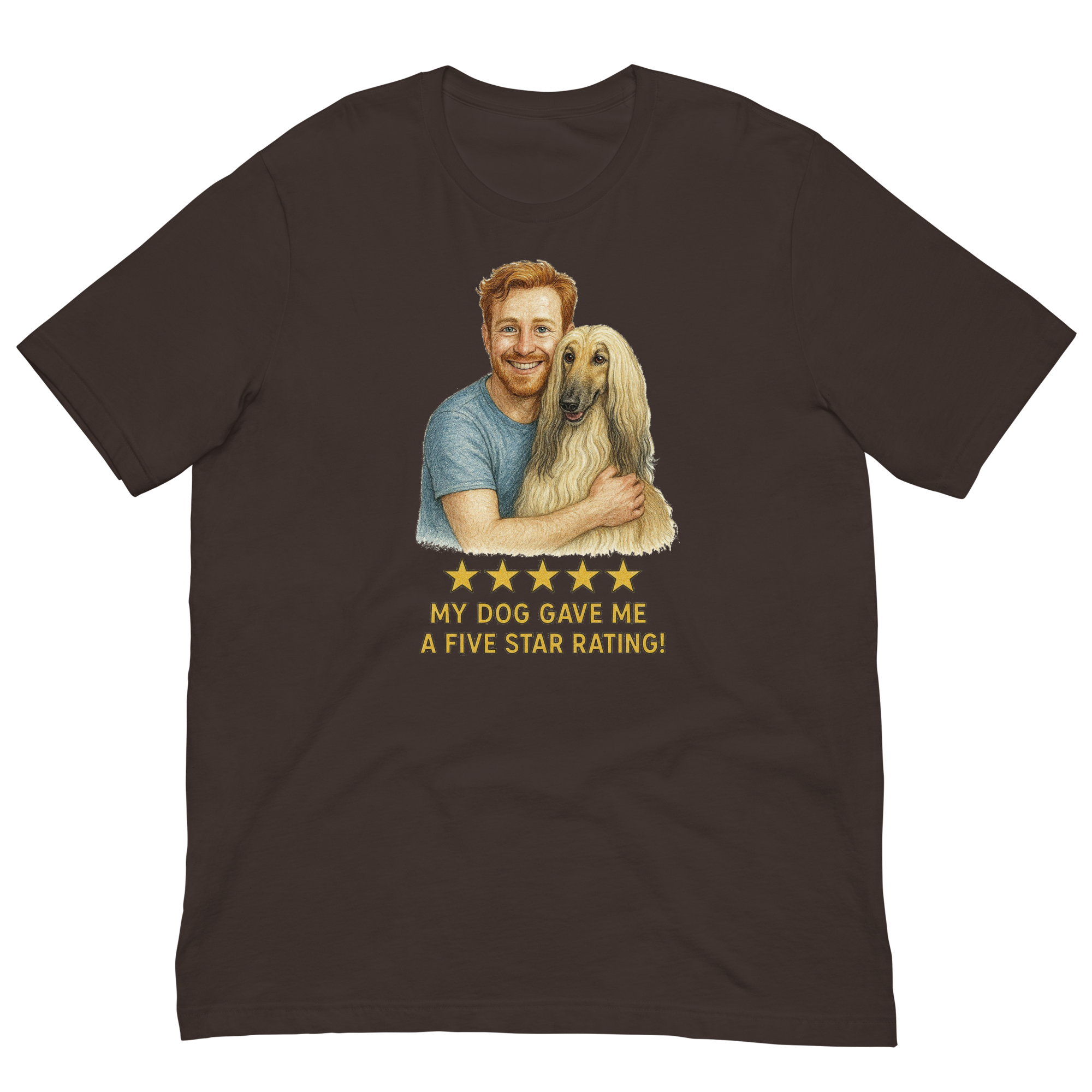 Red Hair Man with Afghan Hound graphic tee.