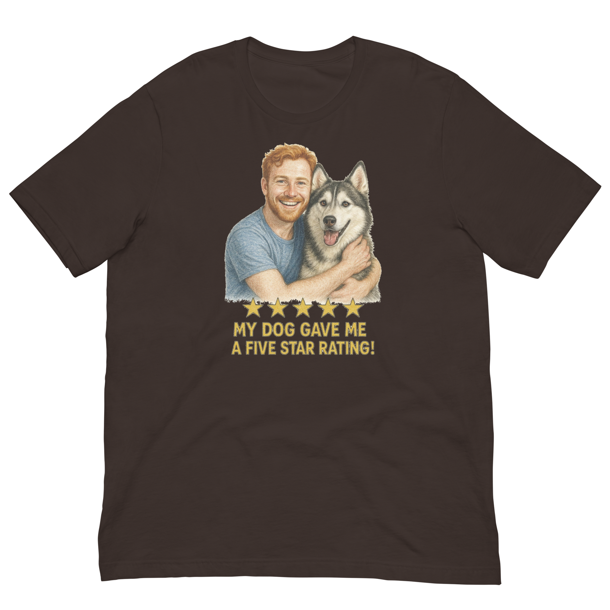 Red Hair Man with Alaskan Husky graphic tee.