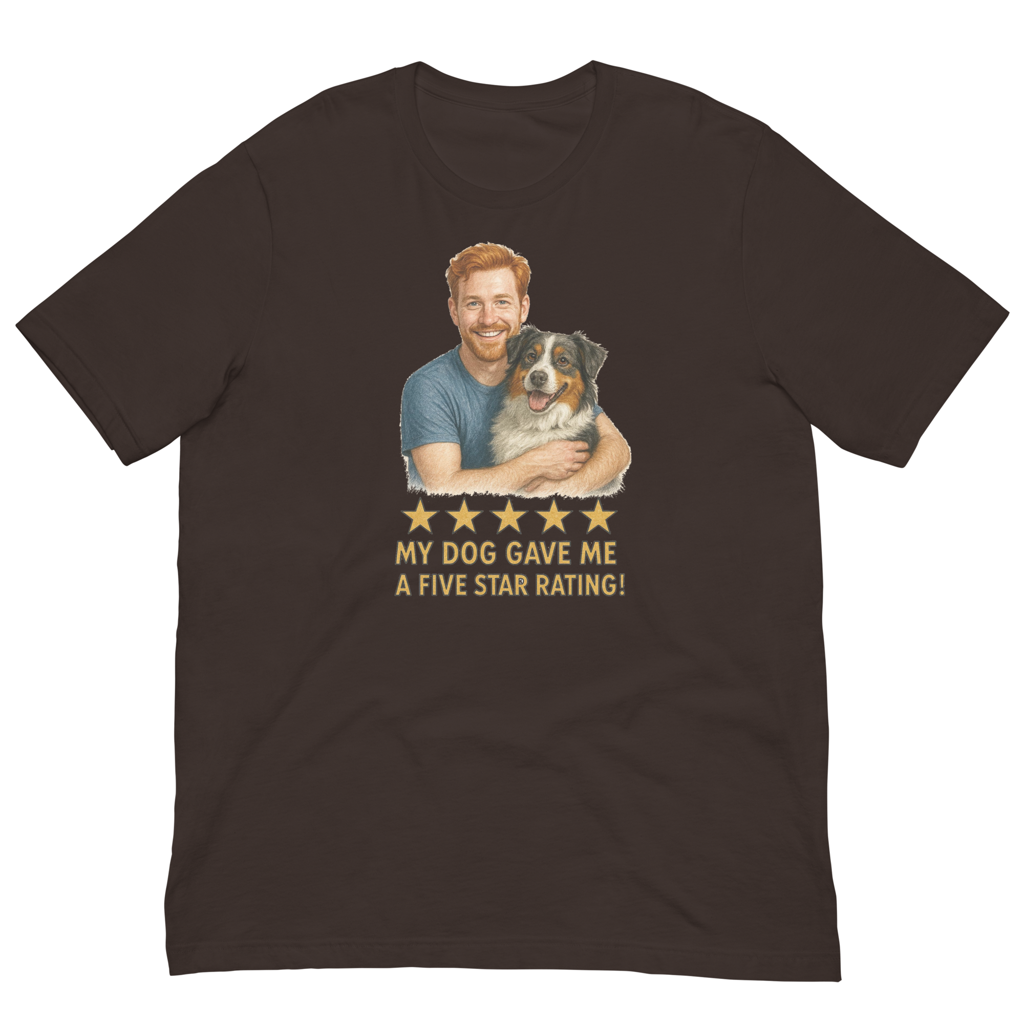 Red Hair Man with Australian Shepherd graphic tee.