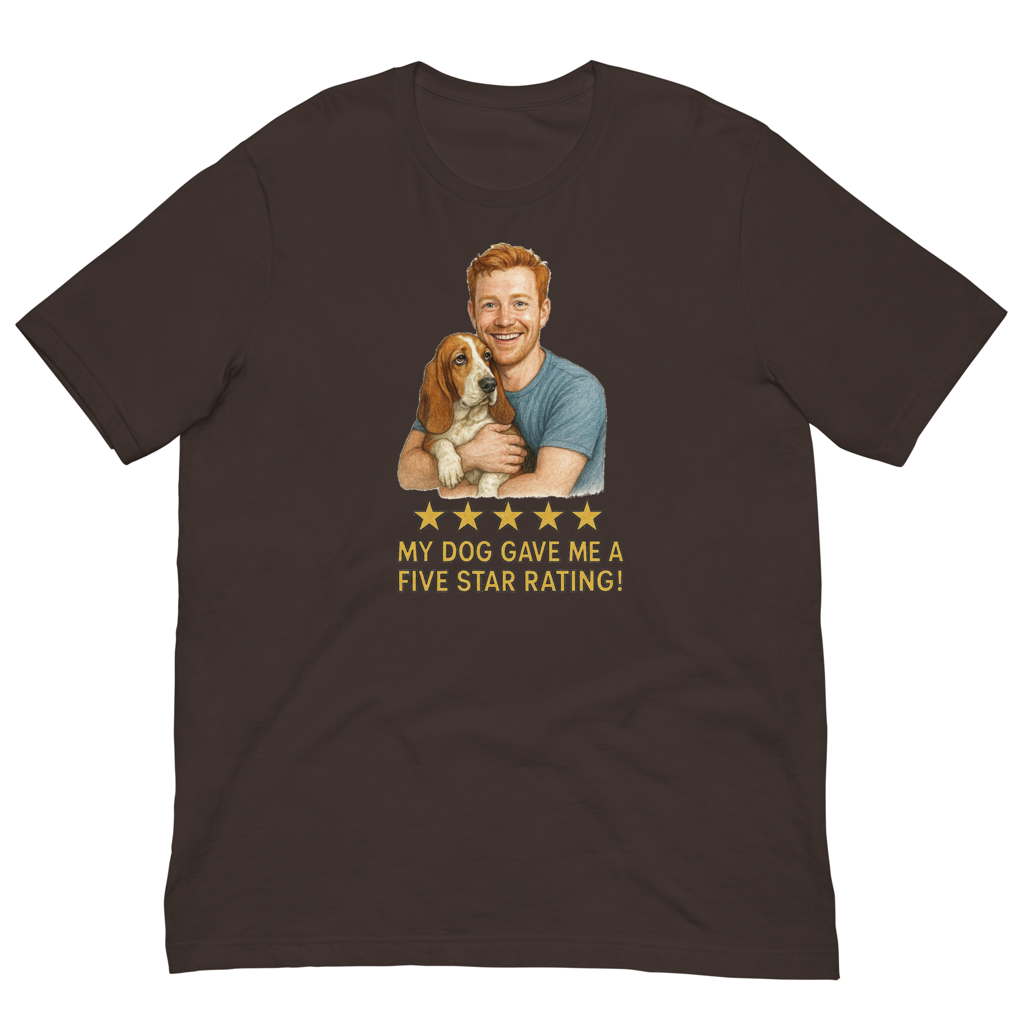 Red Hair Man with Basset Hound graphic tee.