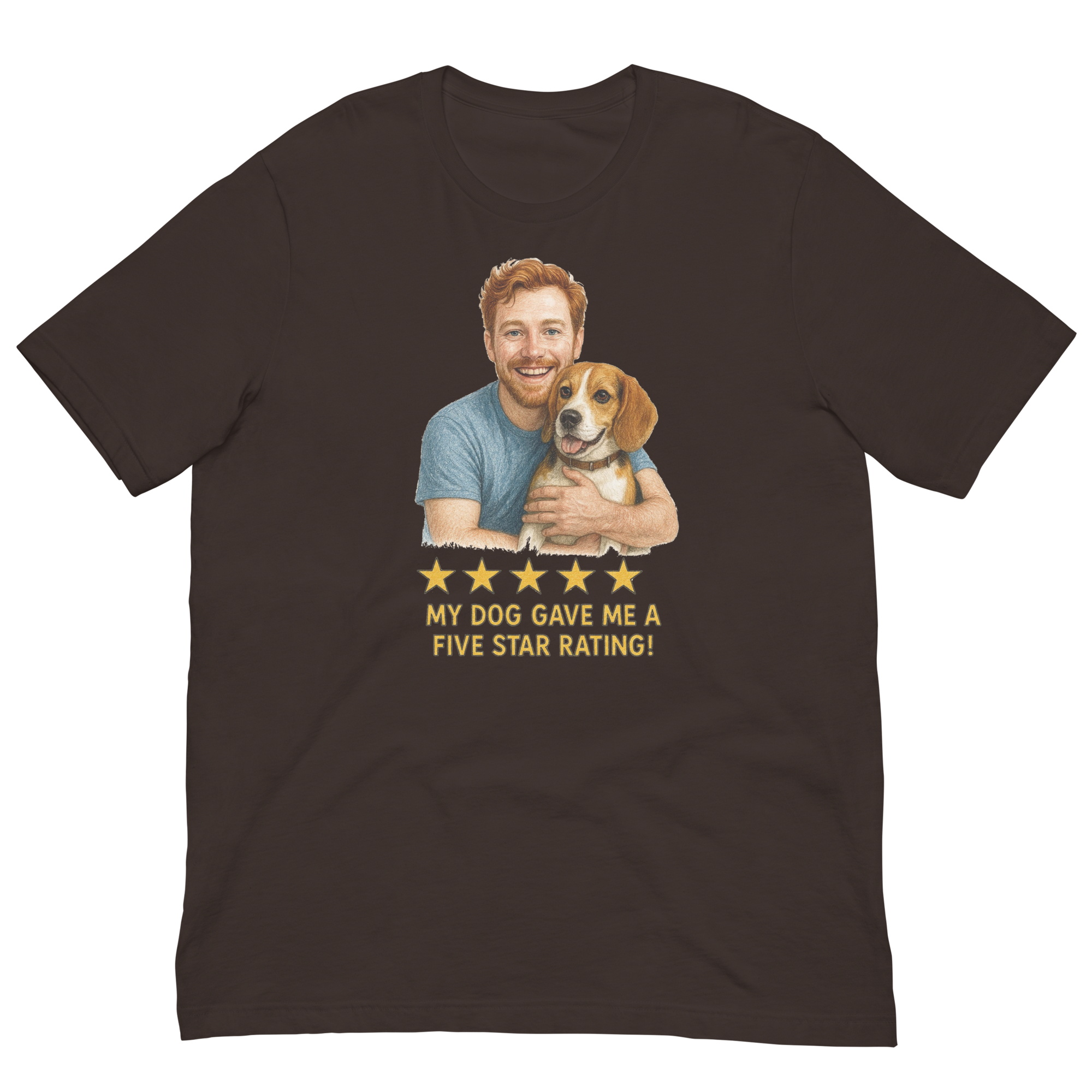 Red Hair Man with Beagle graphic tee.