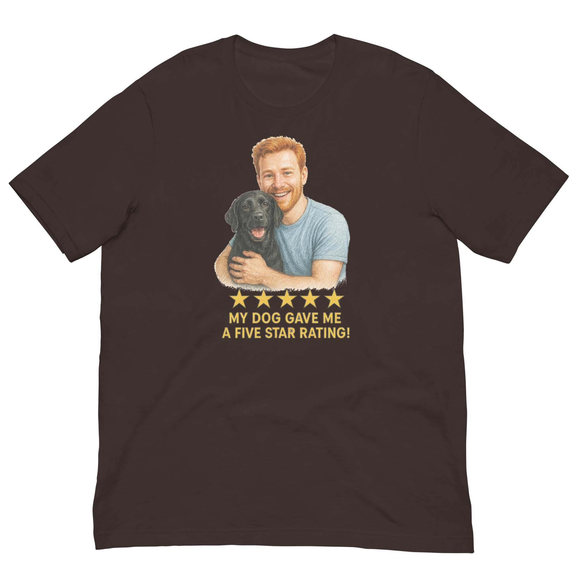Red Hair Man with Black Labrador graphic tee.