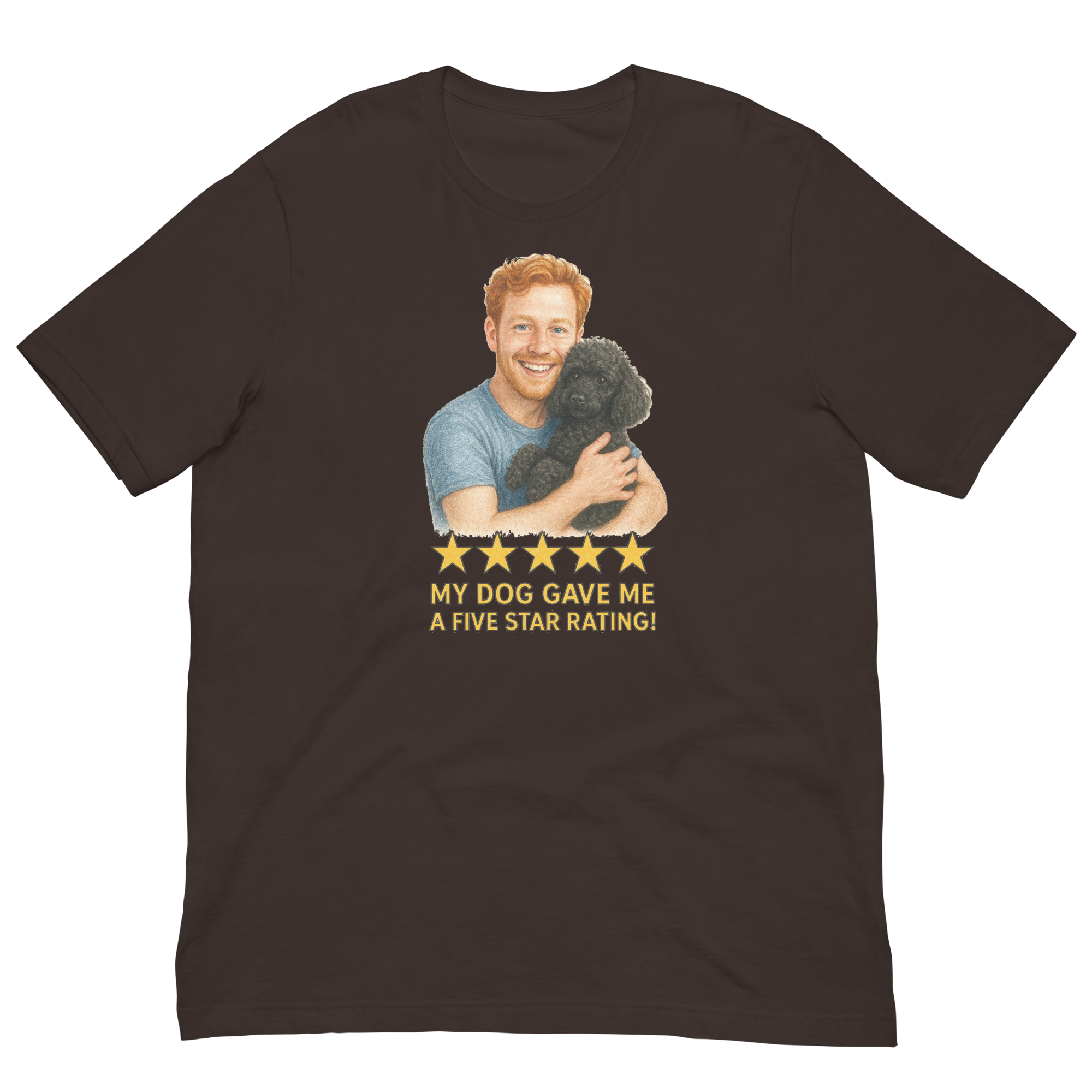 Red Hair Man with Black Poodle graphic tee.