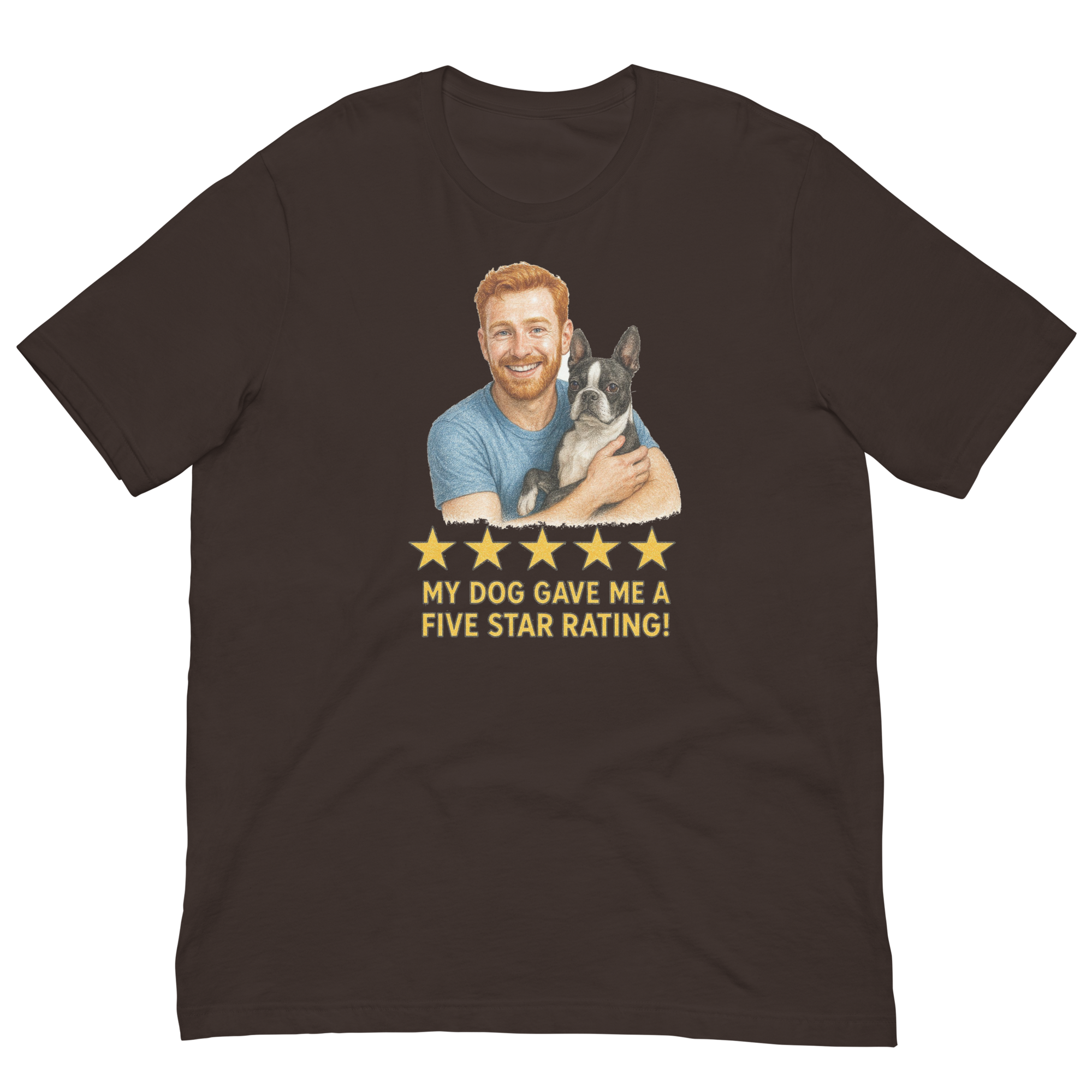 Red Hair Man with Boston Terrier graphic tee.