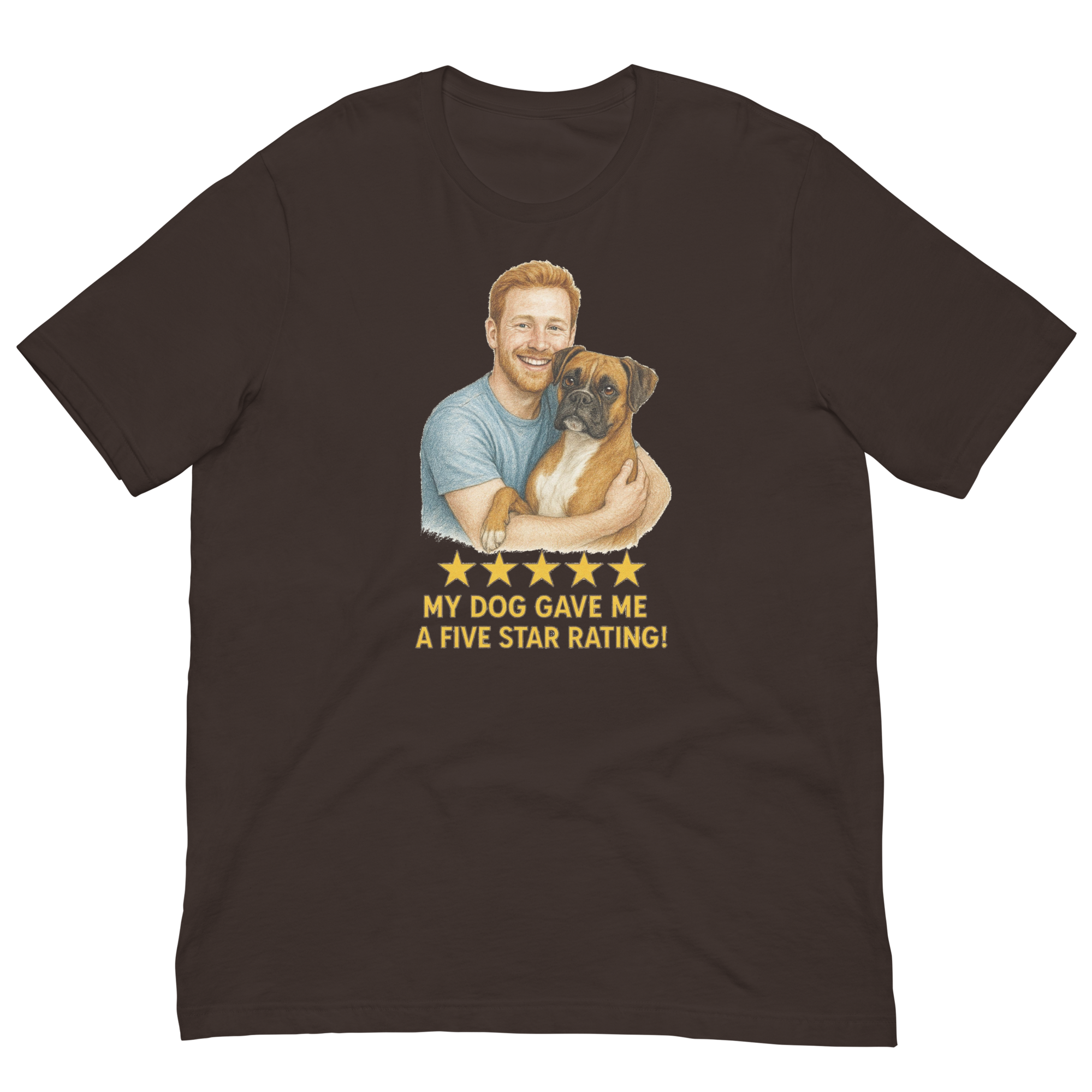 Red Hair Man with Boxer graphic tee.