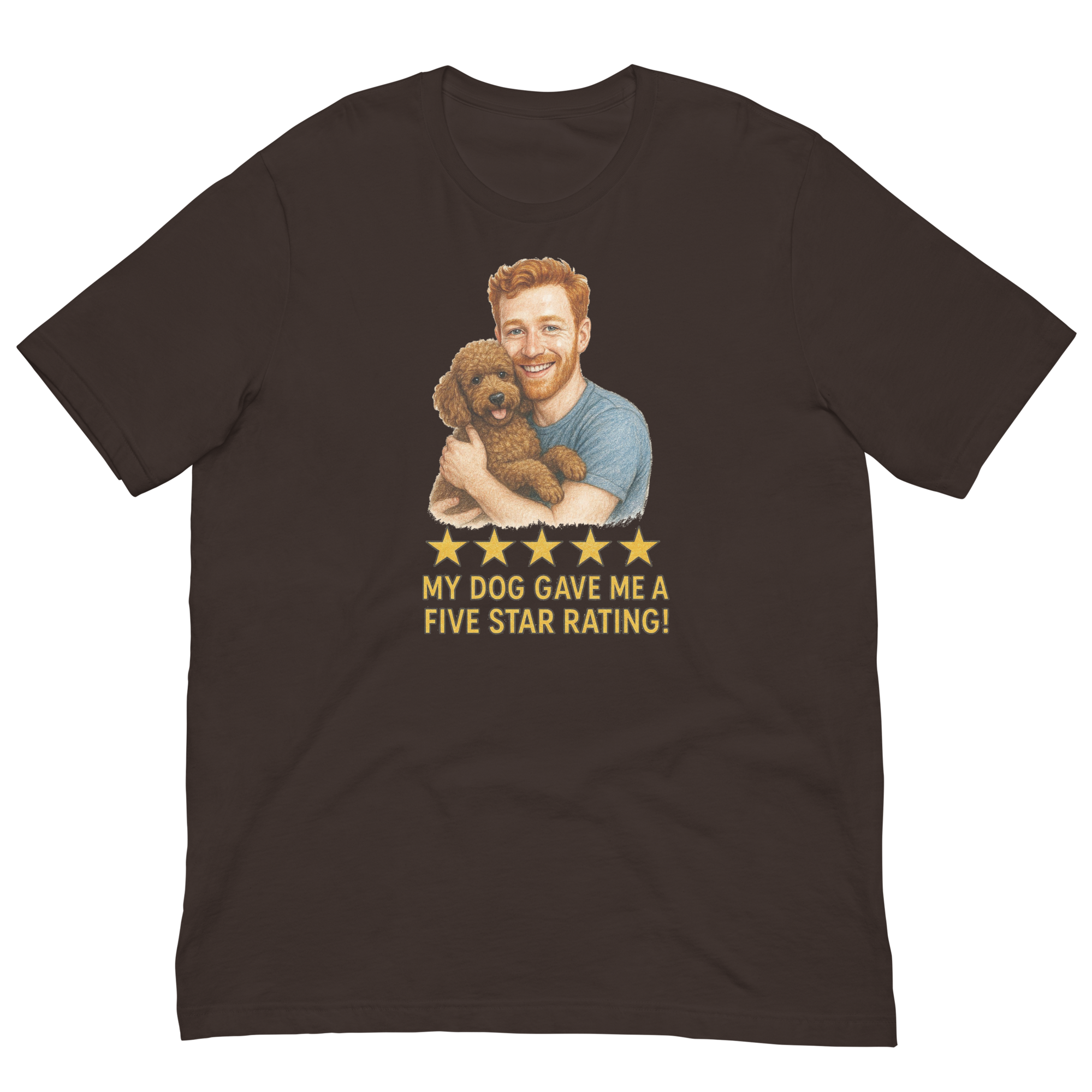 Red Hair Man with Brown Poodle graphic tee.