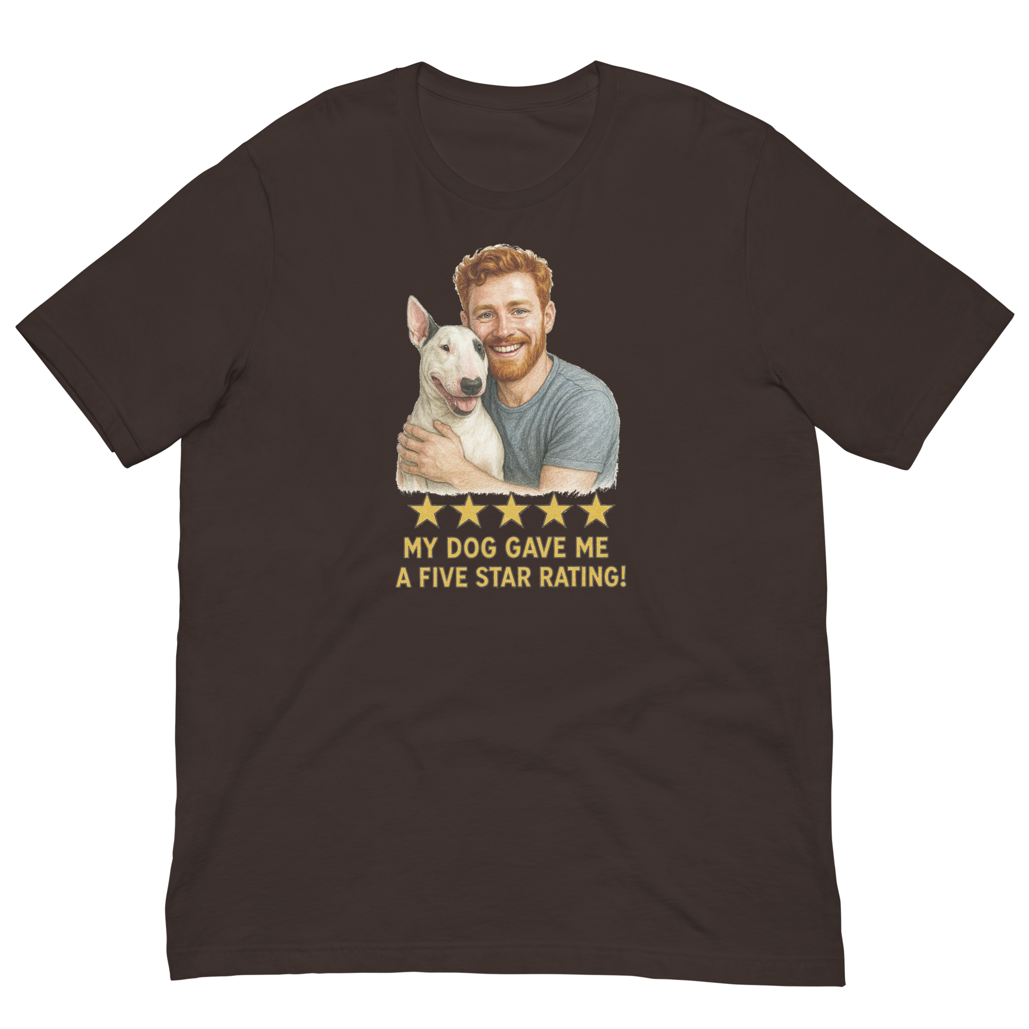 Red Hair Man with Bull Terrier graphic tee.