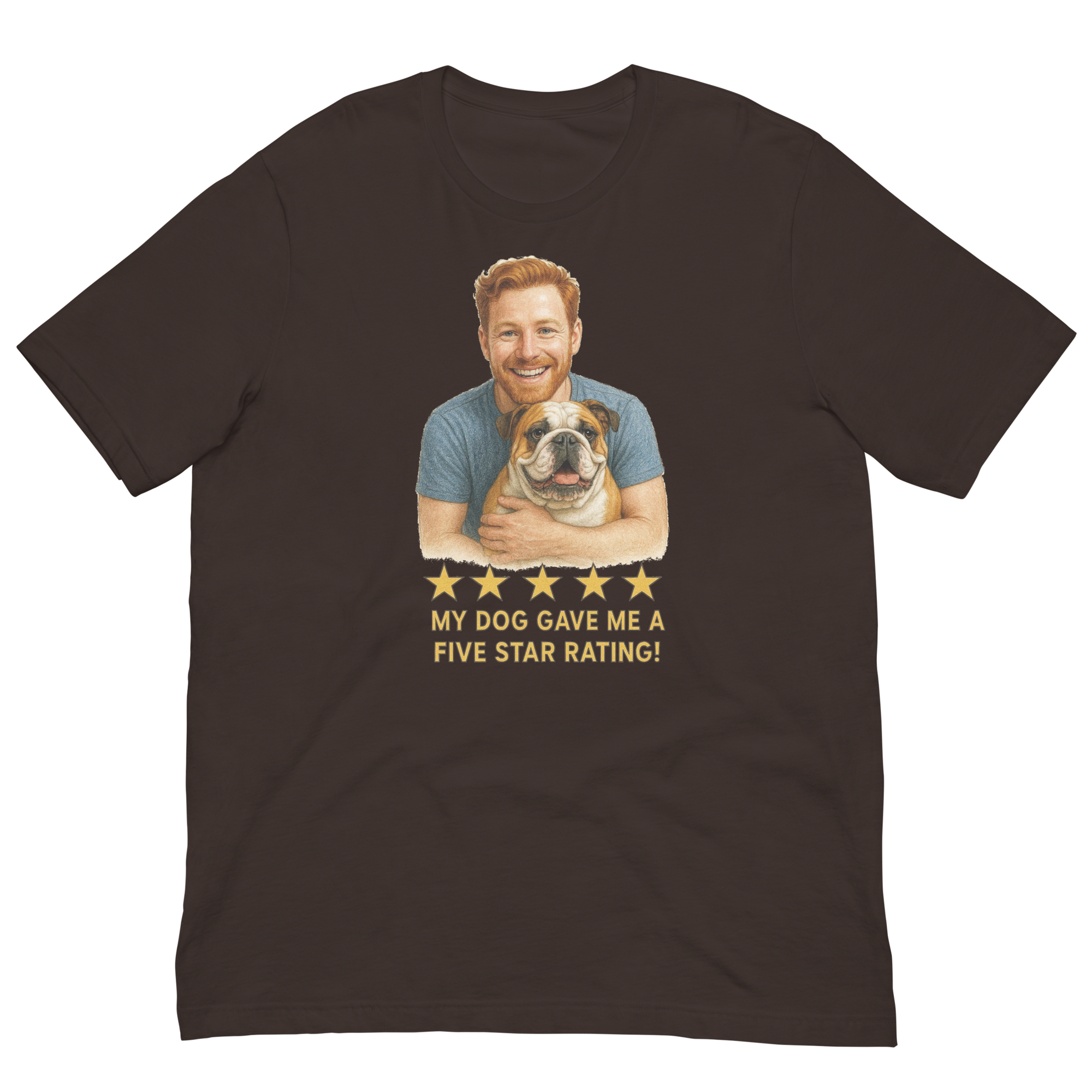 Red Hair Man with Bulldog graphic tee.