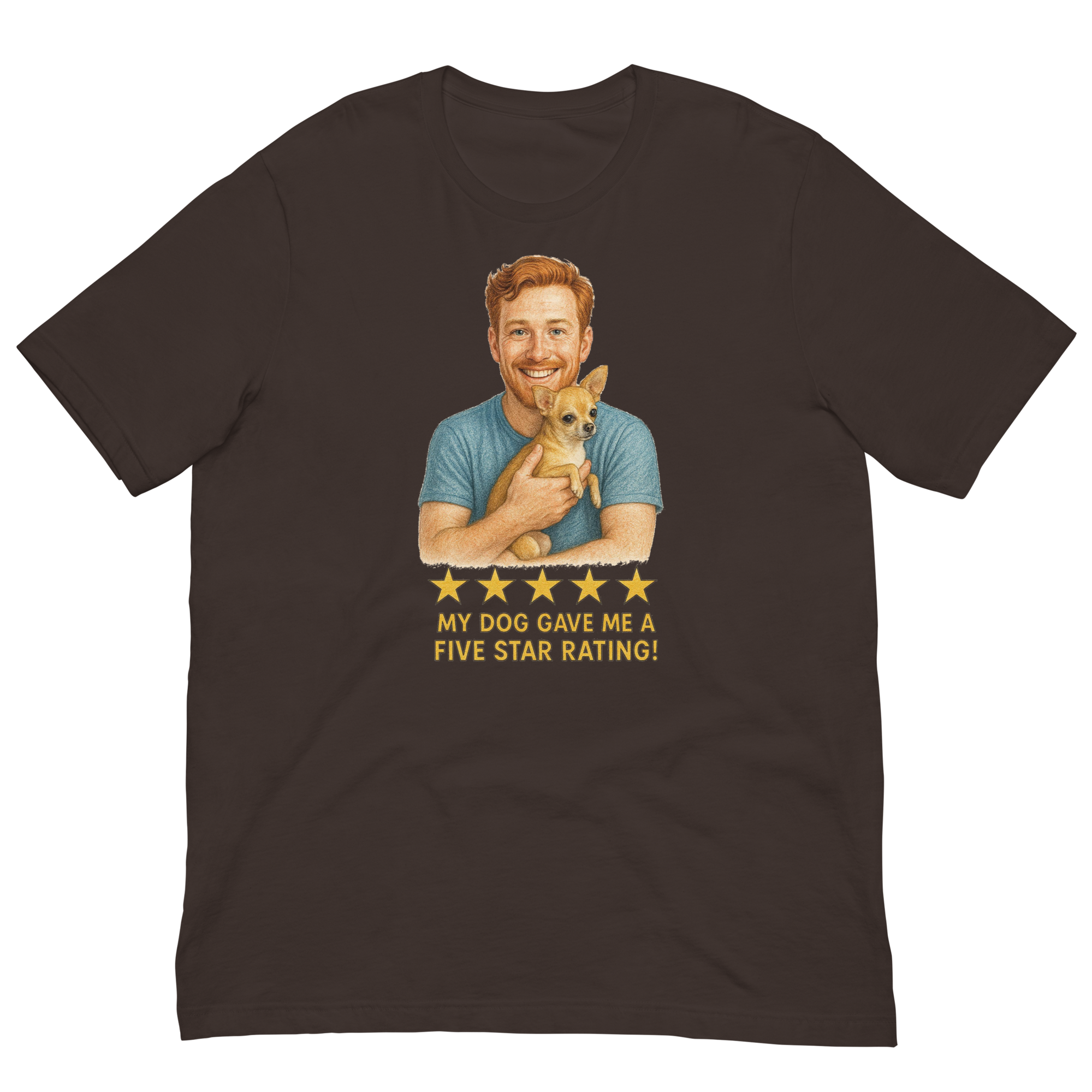Red Hair Man with Chihuahua graphic tee.