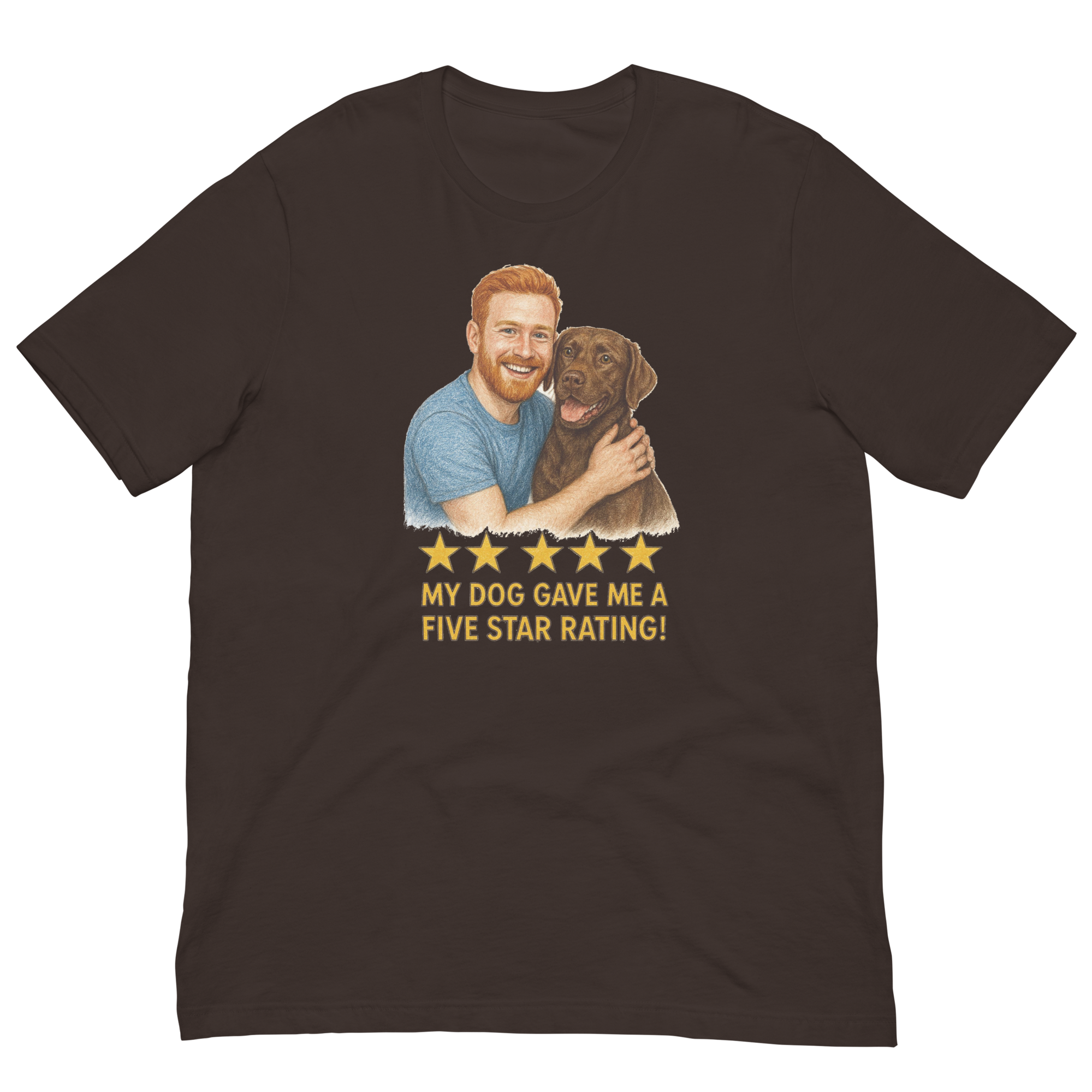 Red Hair Man with Chocolate Labrador graphic tee.