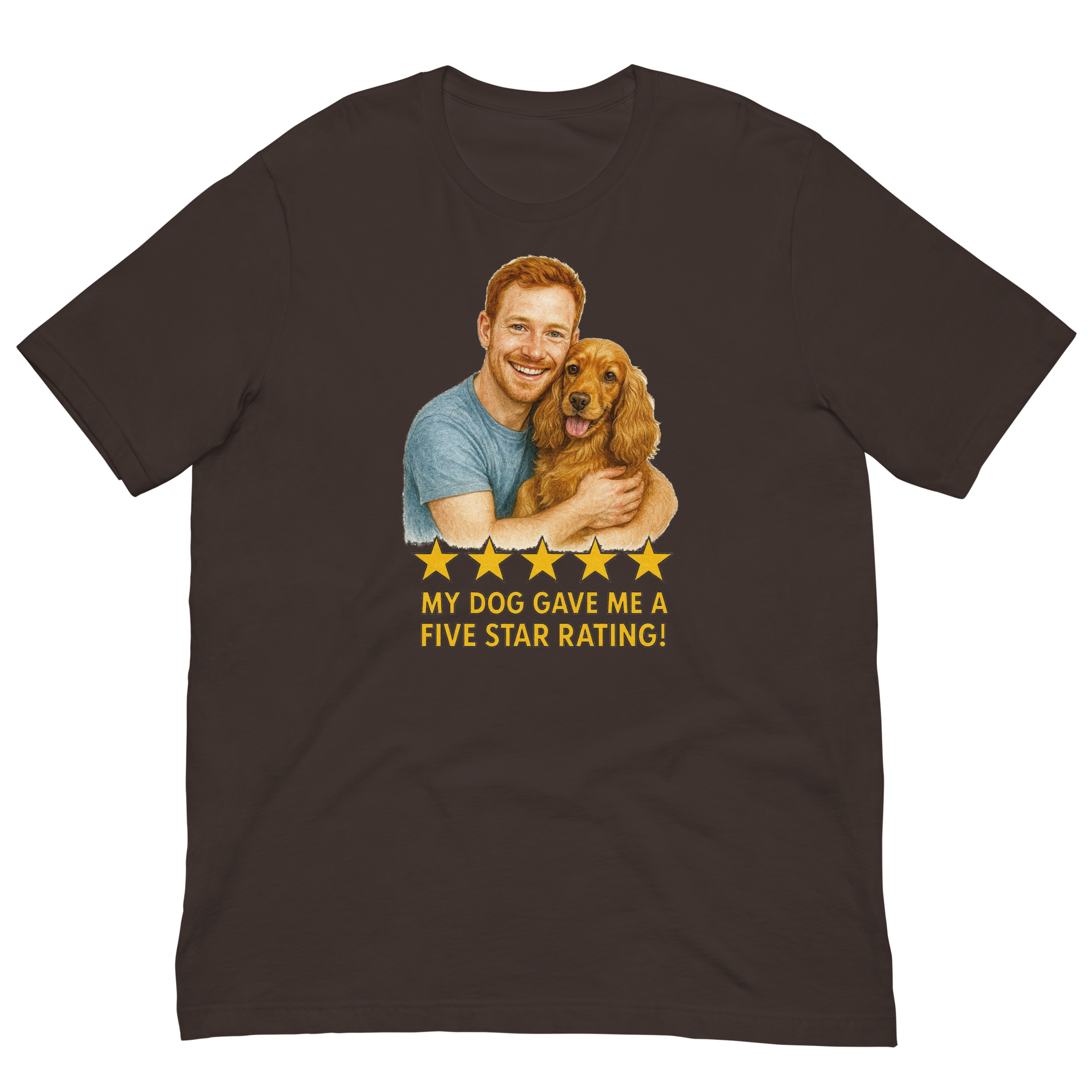 Red Hair Man with Cocker Spaniel graphic tee.