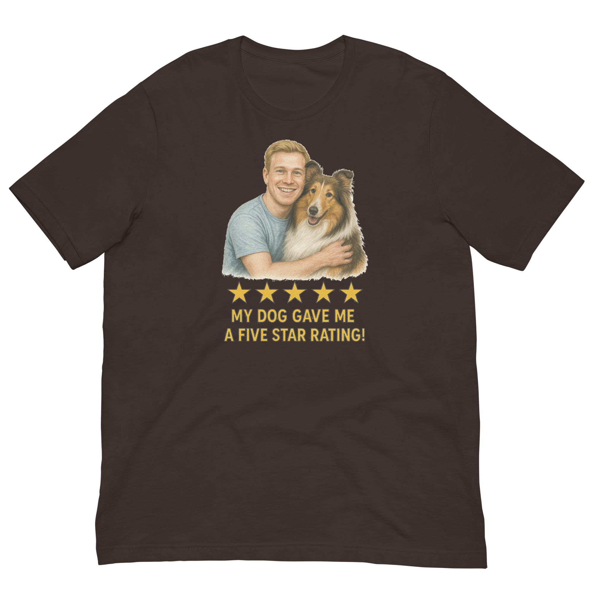 Red Hair Man with Collie graphic tee.