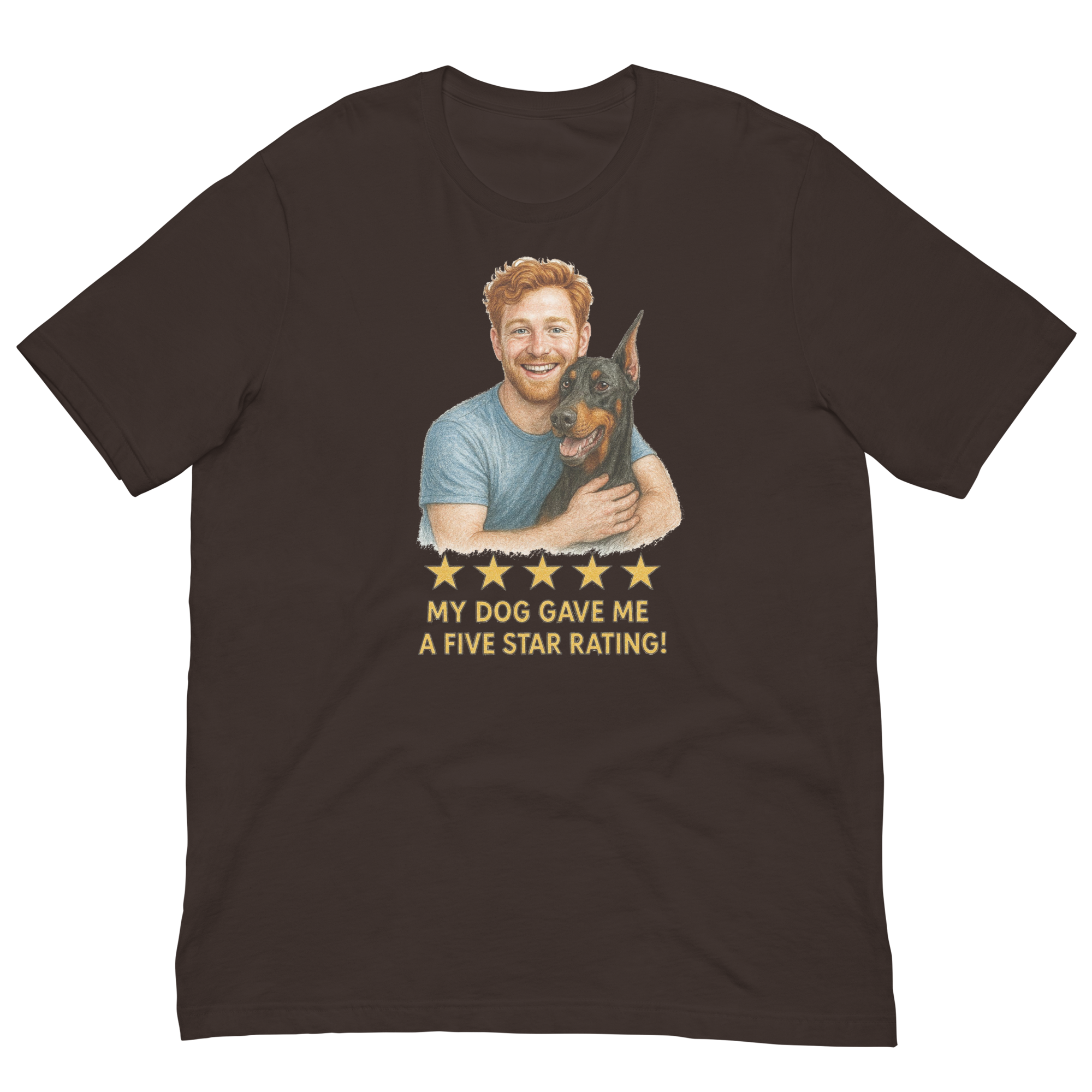 Red Hair Man with Doberman Pinscher graphic tee.