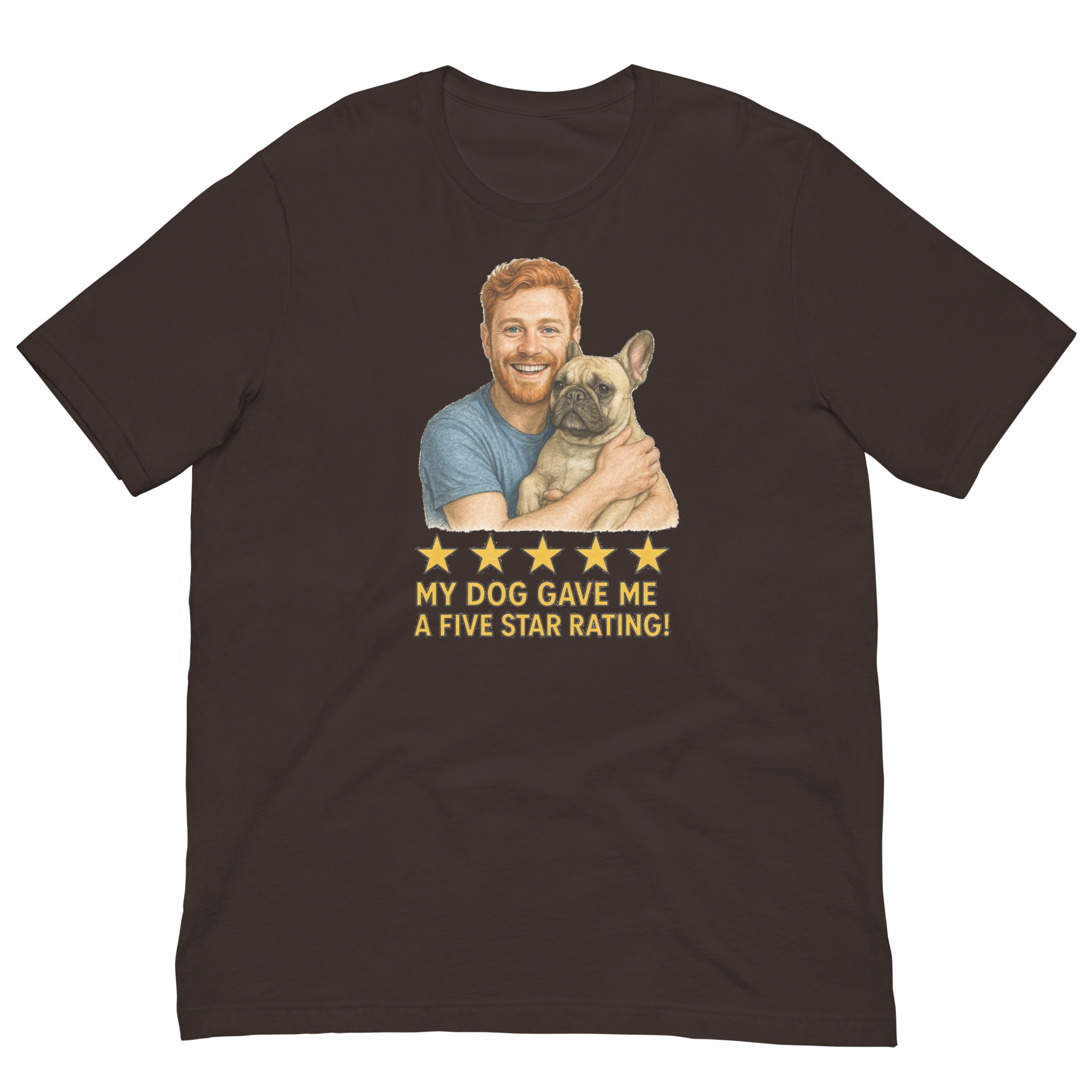 Red Hair Man with French Bulldog graphic tee.