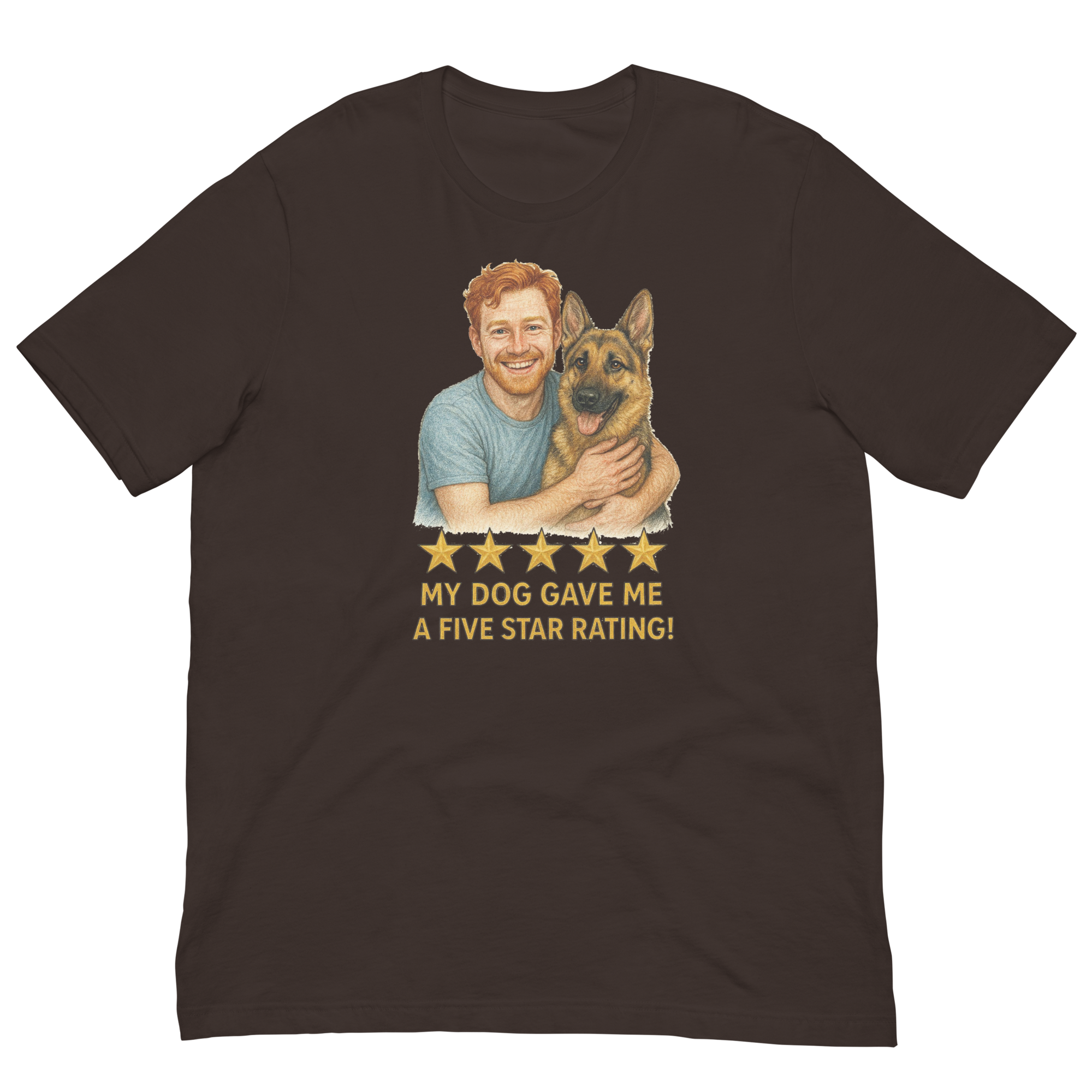 Red Hair Man with German Shepherd graphic tee.