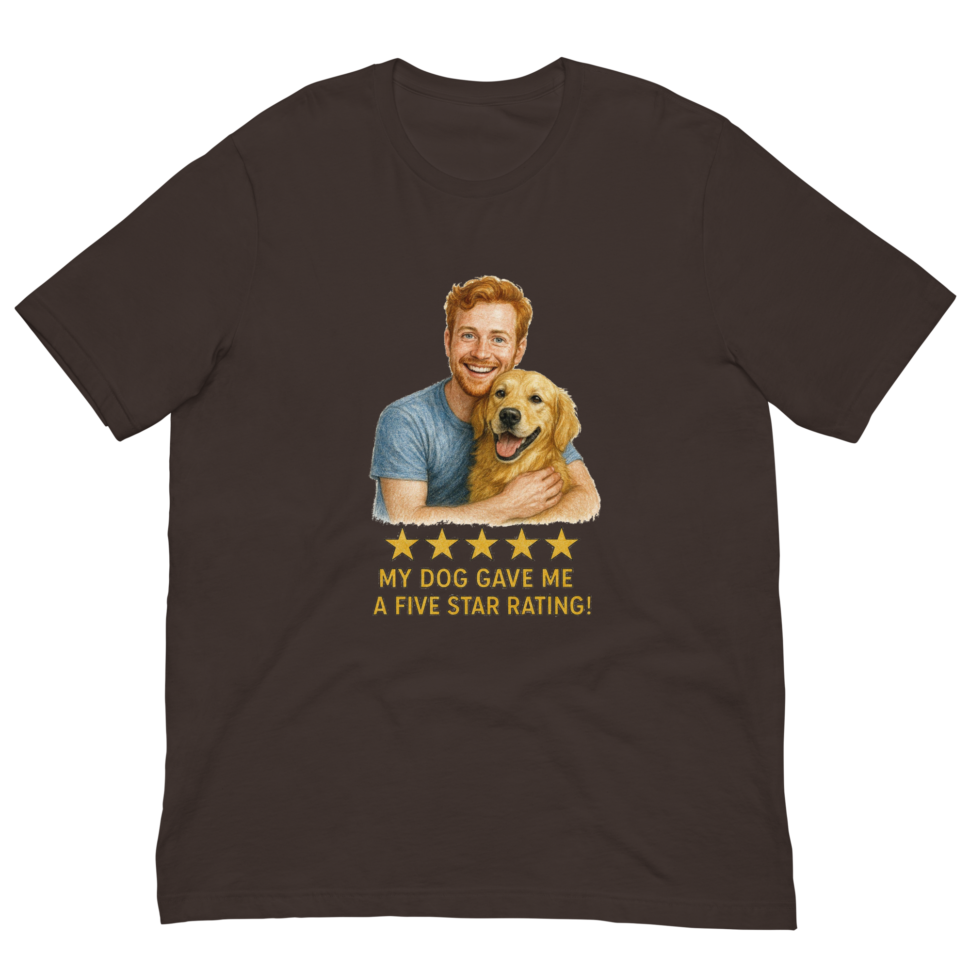 Red Hair Man with Golden Retriever graphic tee.