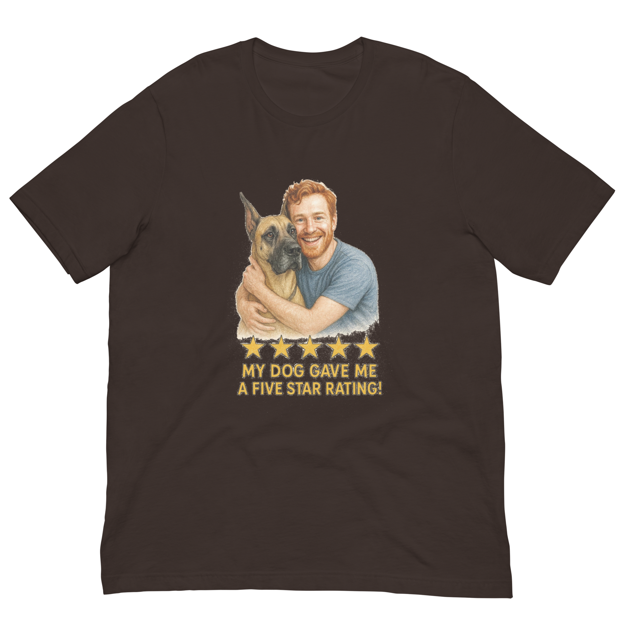 Red Hair Man with Great Dane graphic tee.