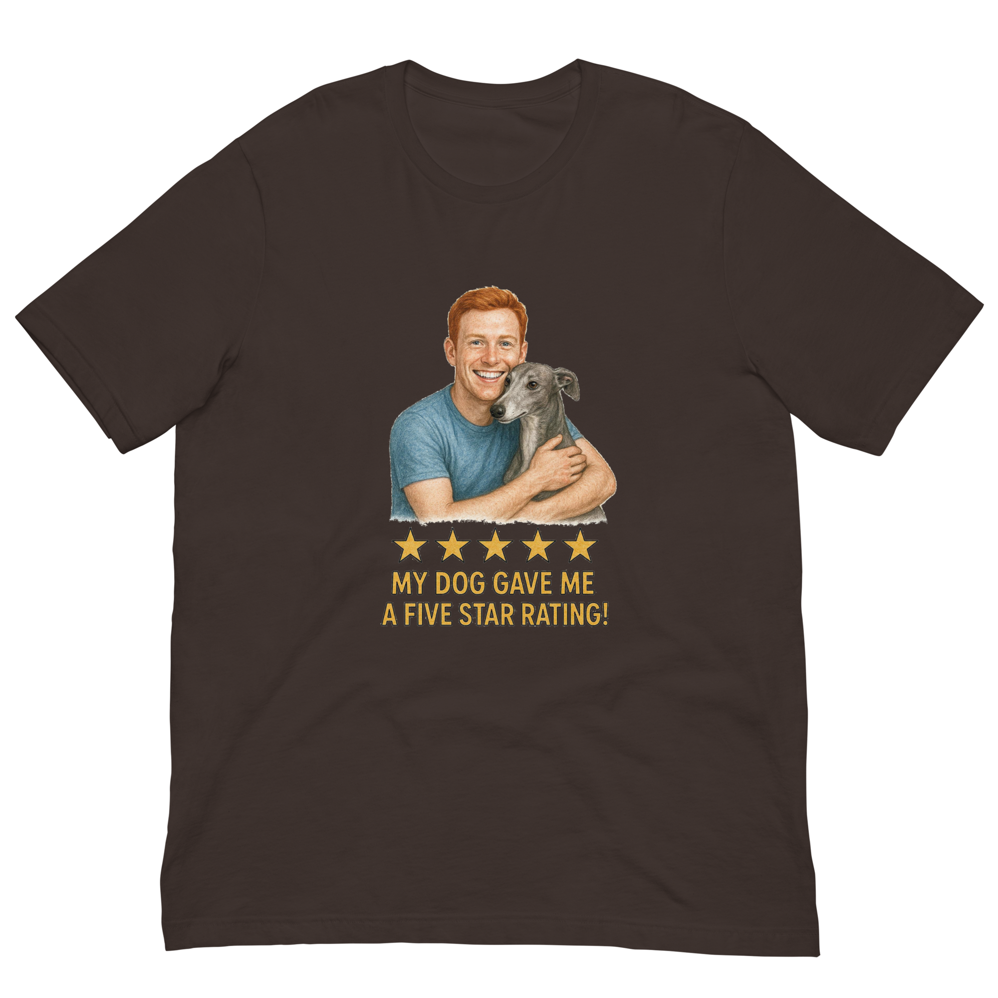 Red Hair Man with Greyhound graphic tee.