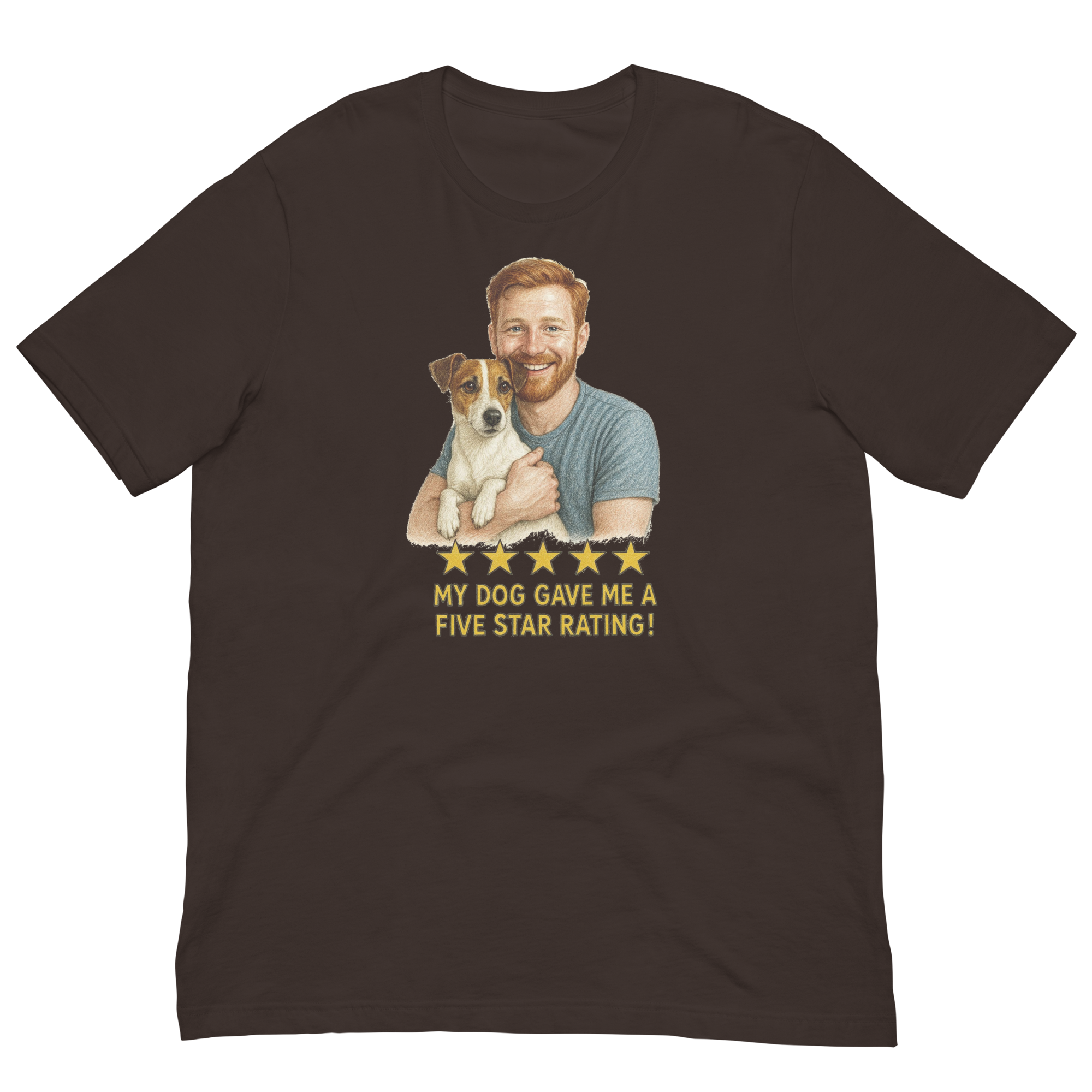 Red Hair Man with Jack Russell Terrier graphic tee.