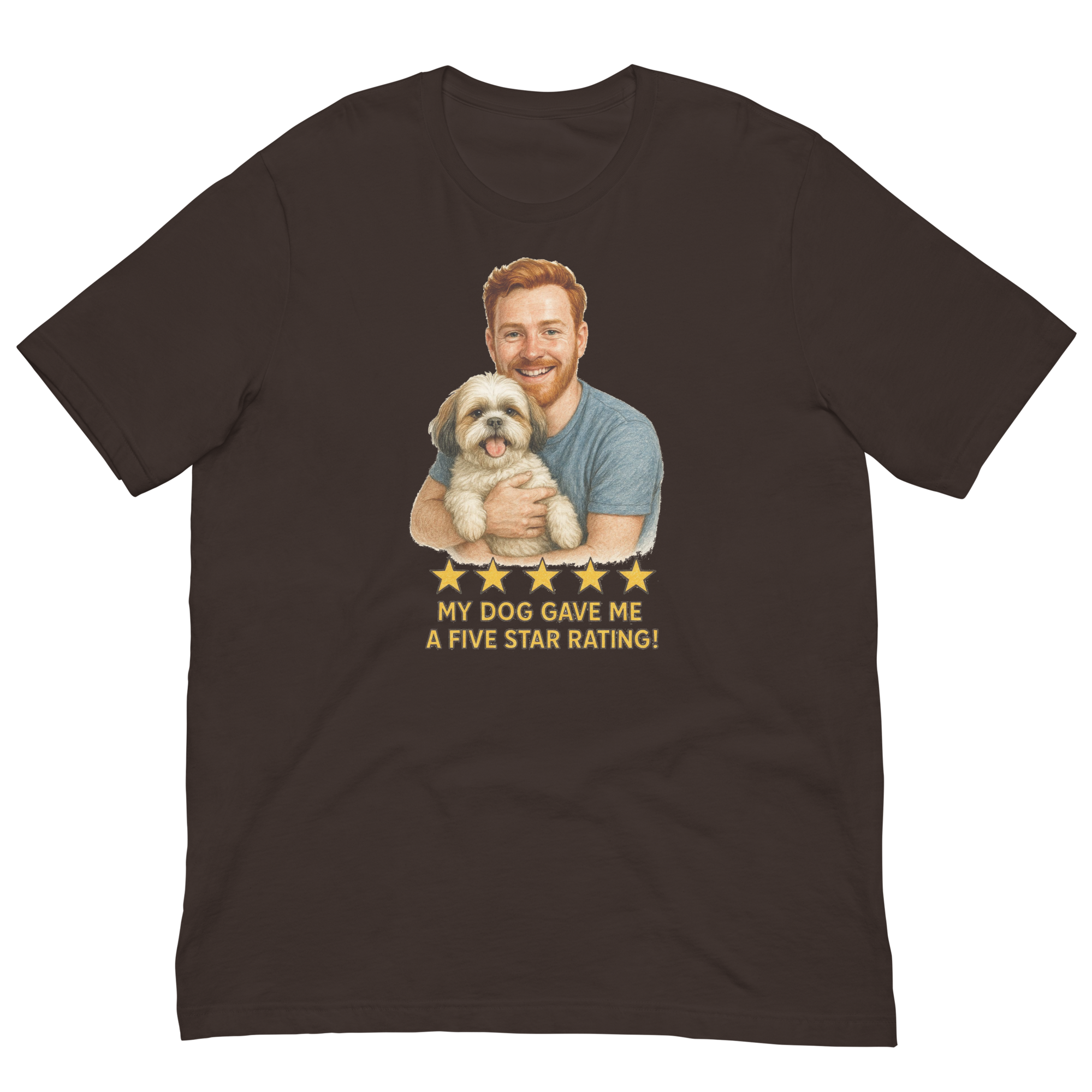 Red Hair Man with Shih Tzu graphic tee.