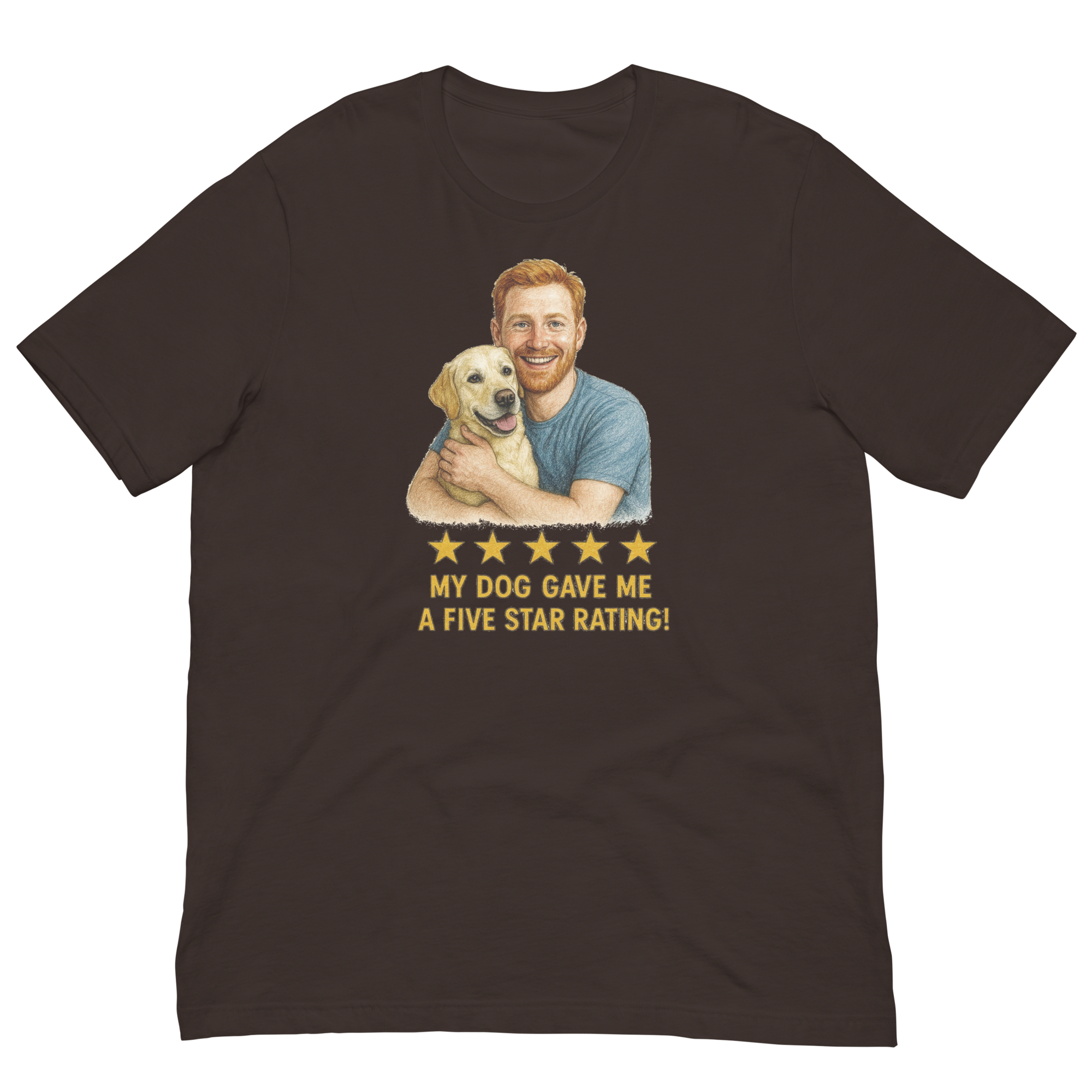 Red Hair Man with Yellow Labrador graphic tee.