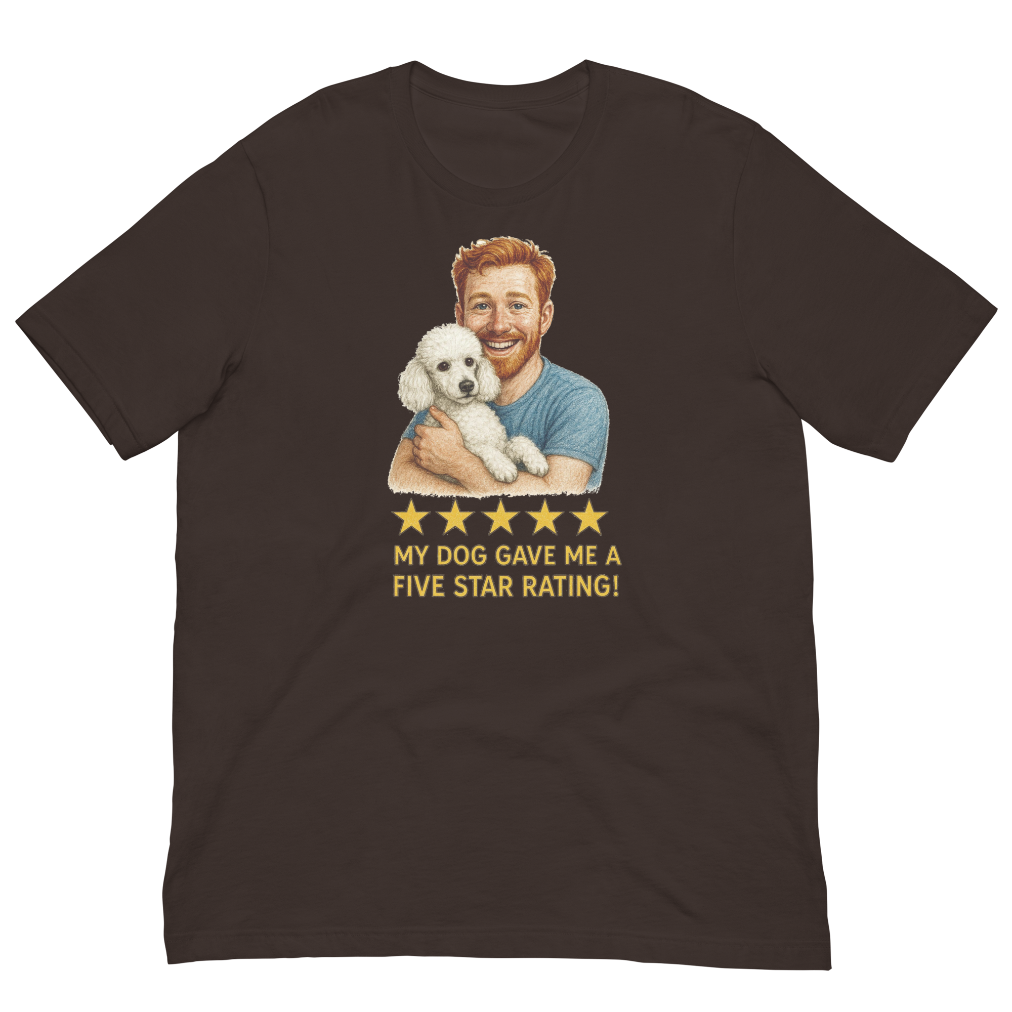 Red Hair Man with White Poodle graphic tee.