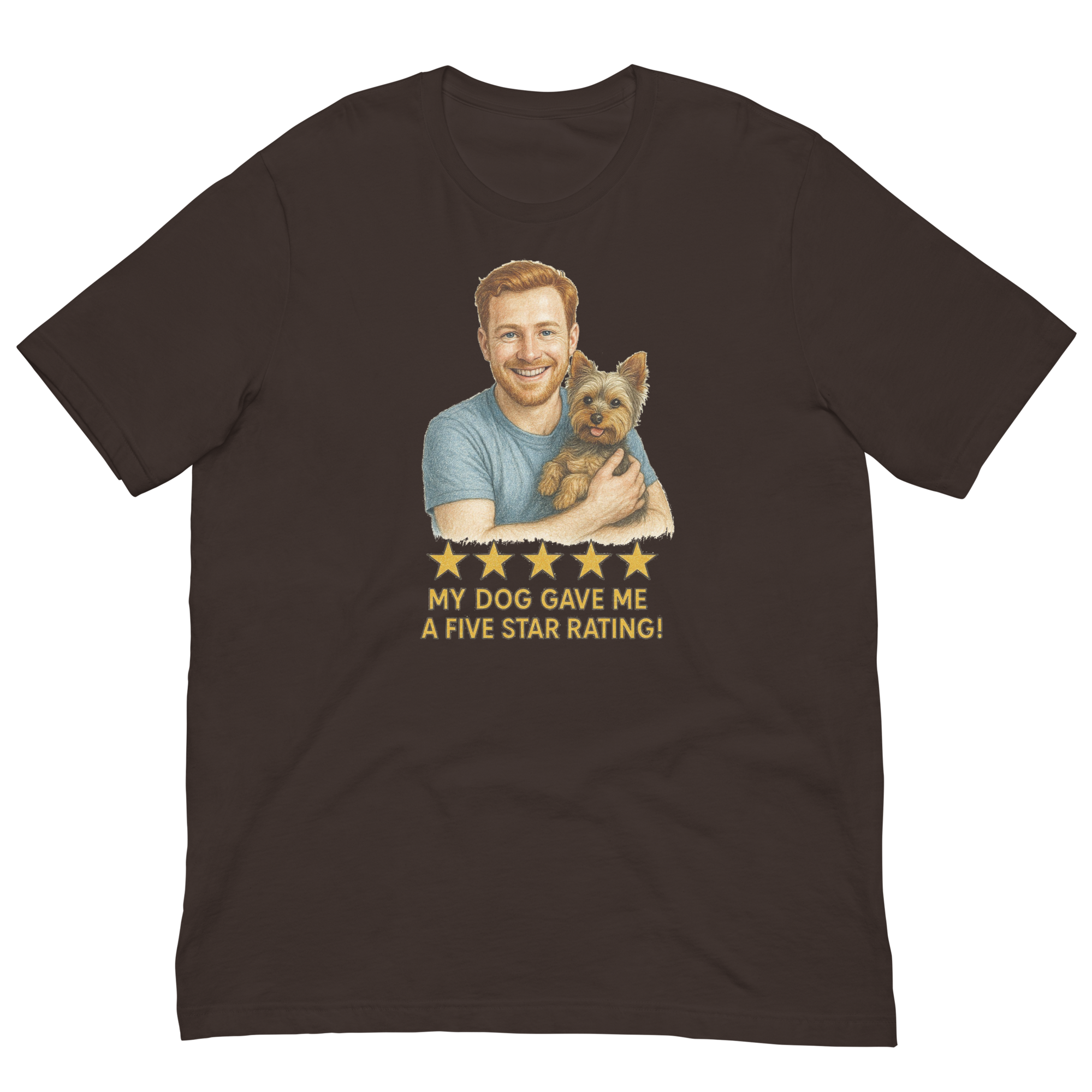 Red Hair Man with Yorkie graphic tee.