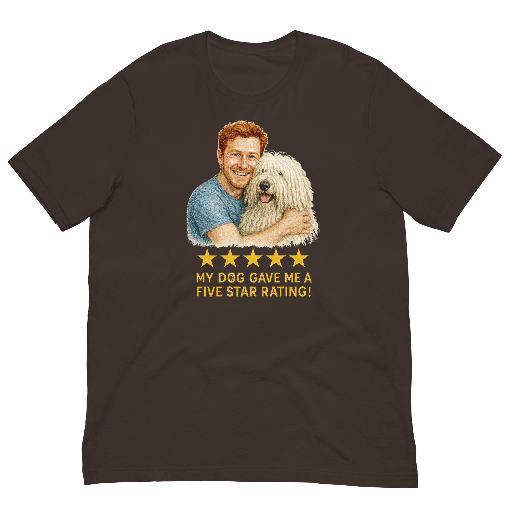Red Hair Man with Komondor graphic tee.