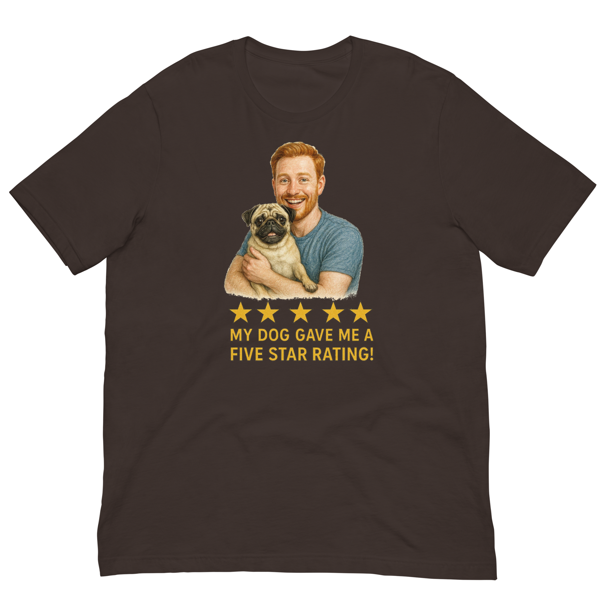 Red Hair Man with Pug graphic tee.