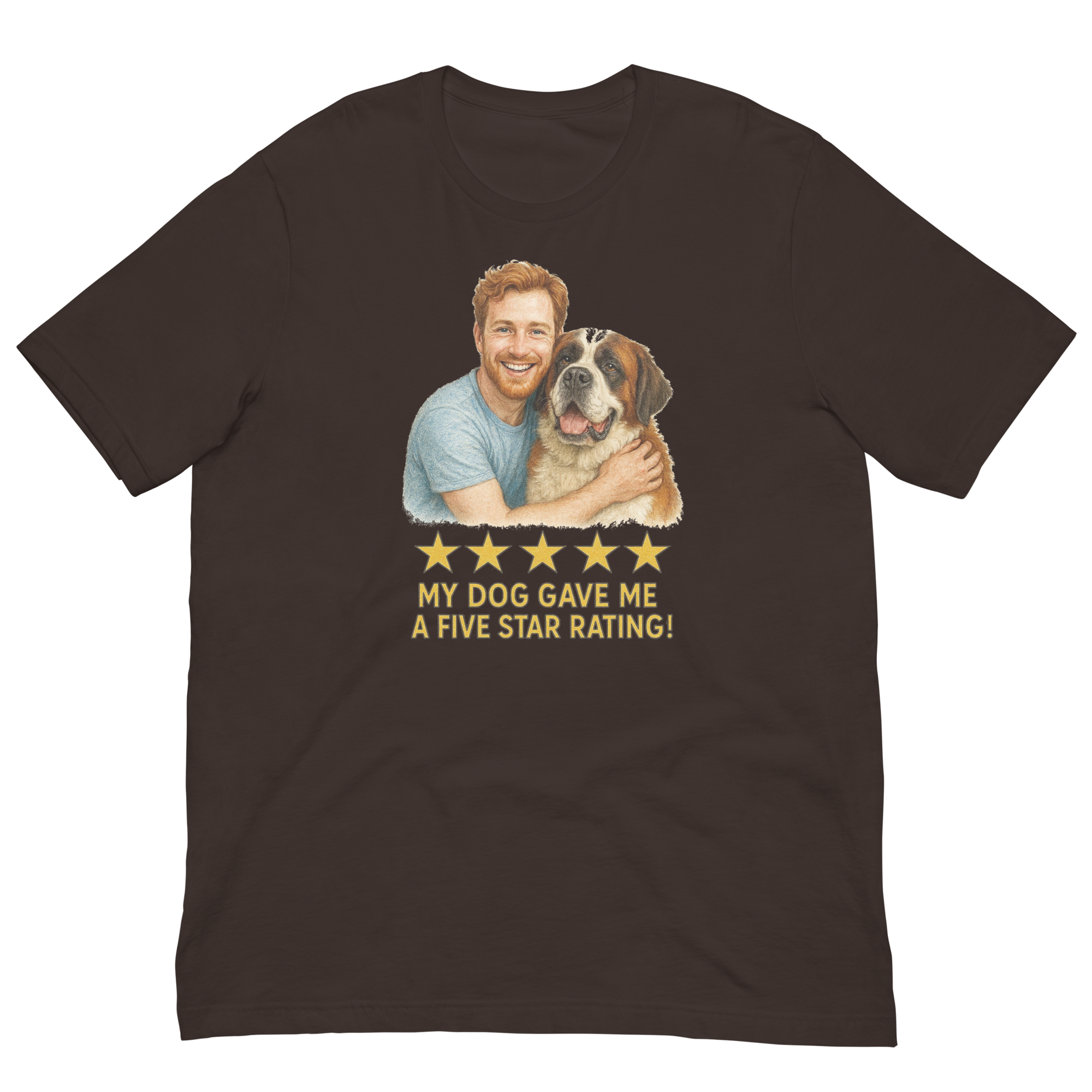 Red Hair Man with Saint Bernard graphic tee.