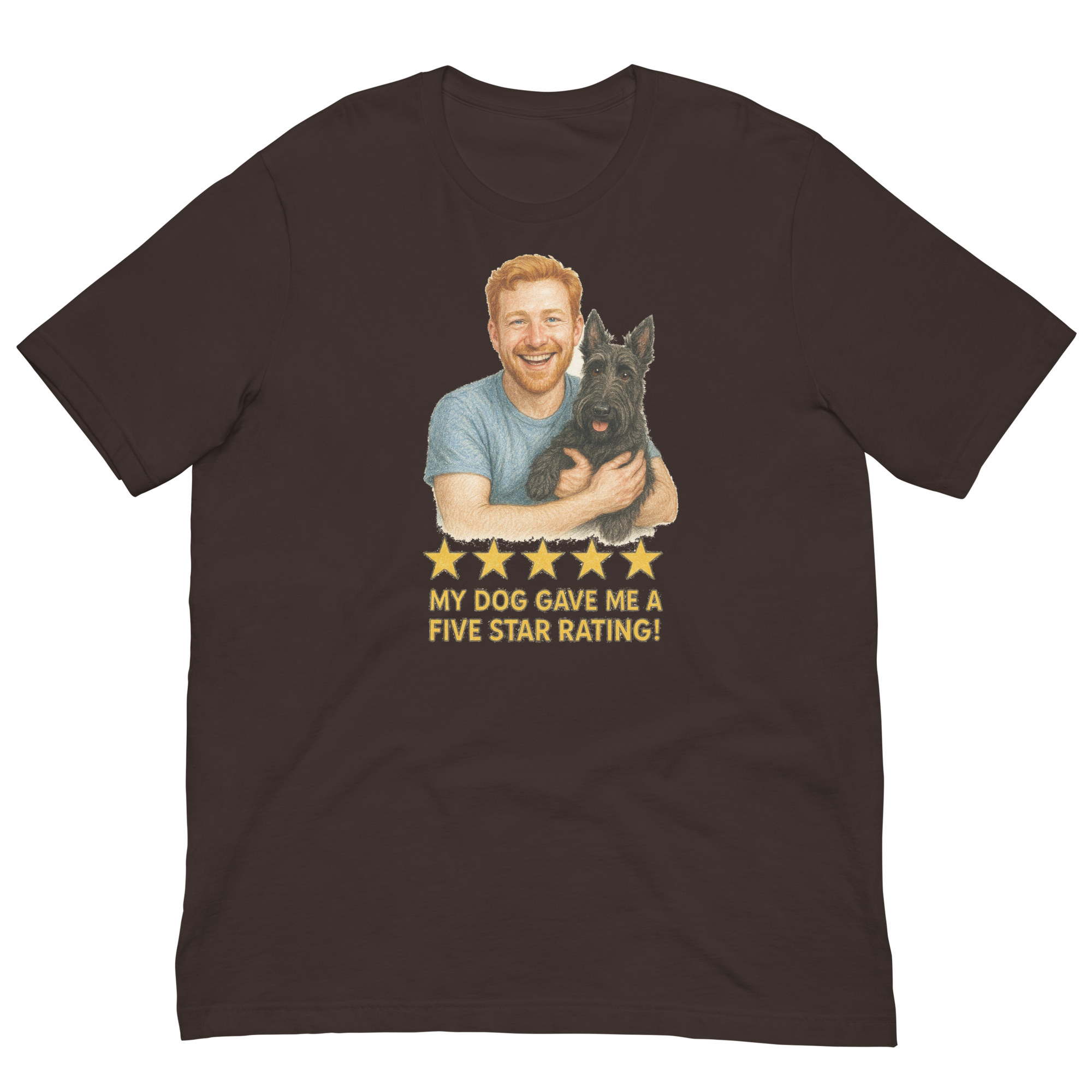 Red Hair Man with Scottie graphic tee.