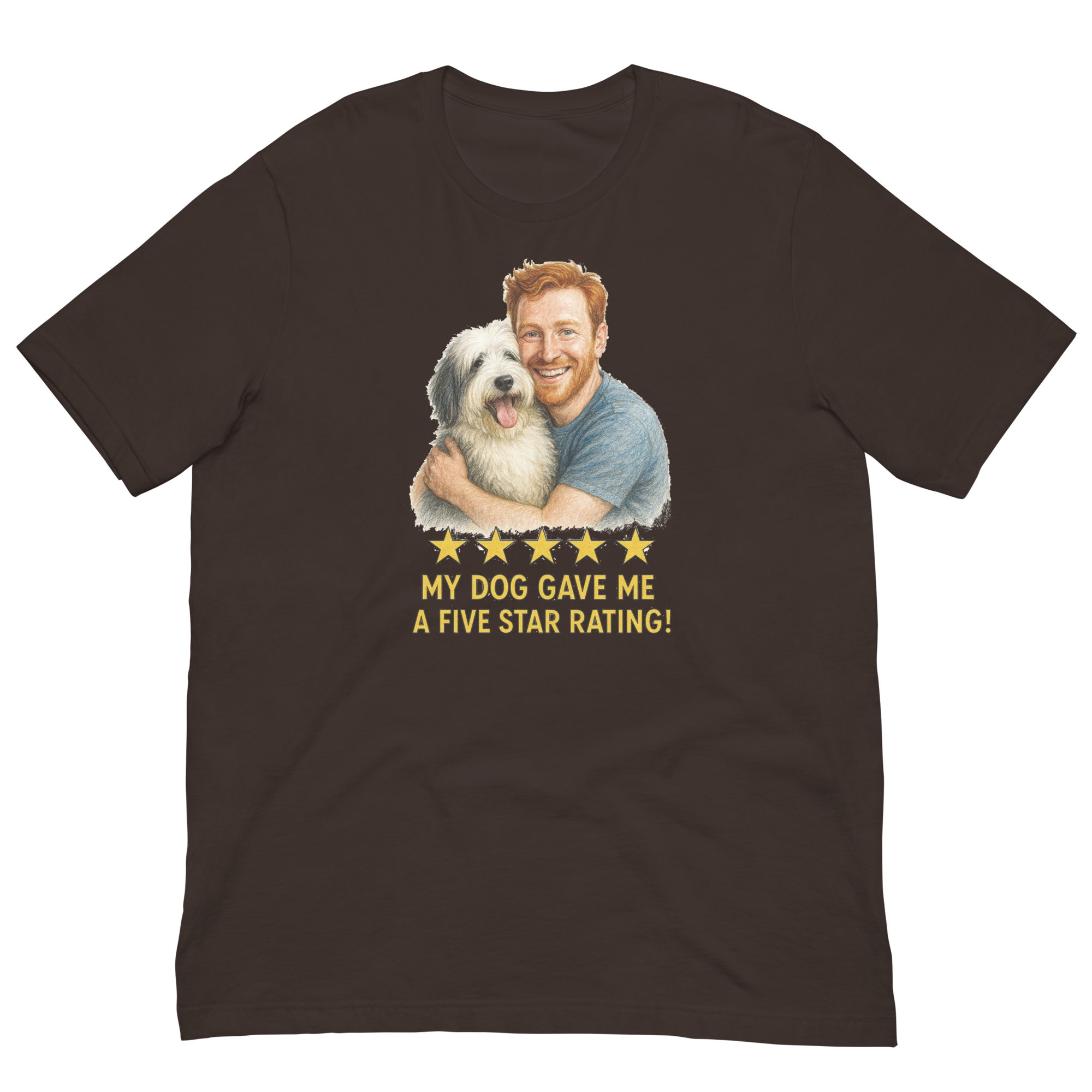 Red Hair Man with Sheepdog graphic tee.