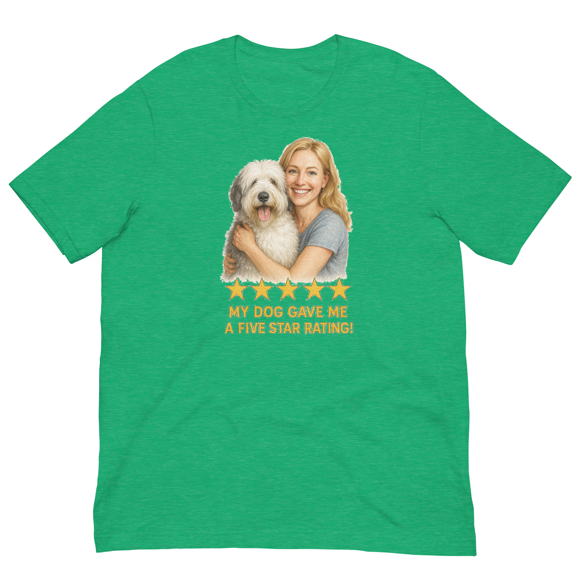 Blonde Woman with Sheepdog graphic tee - heather kelly