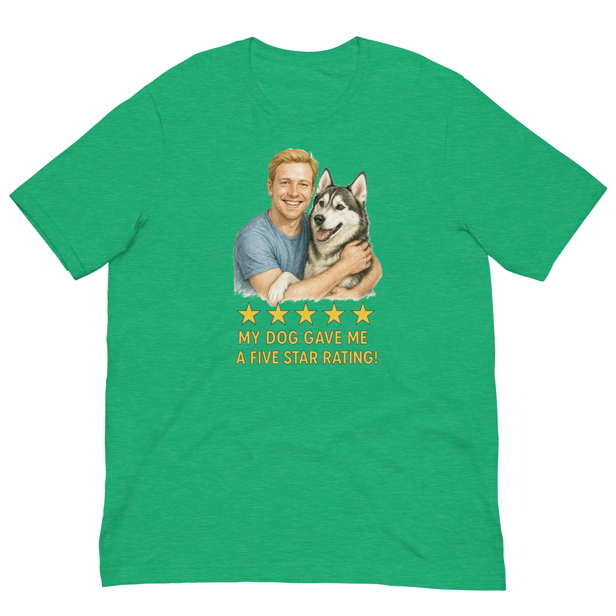 Blonde Man with Alaskan Husky graphic tee.