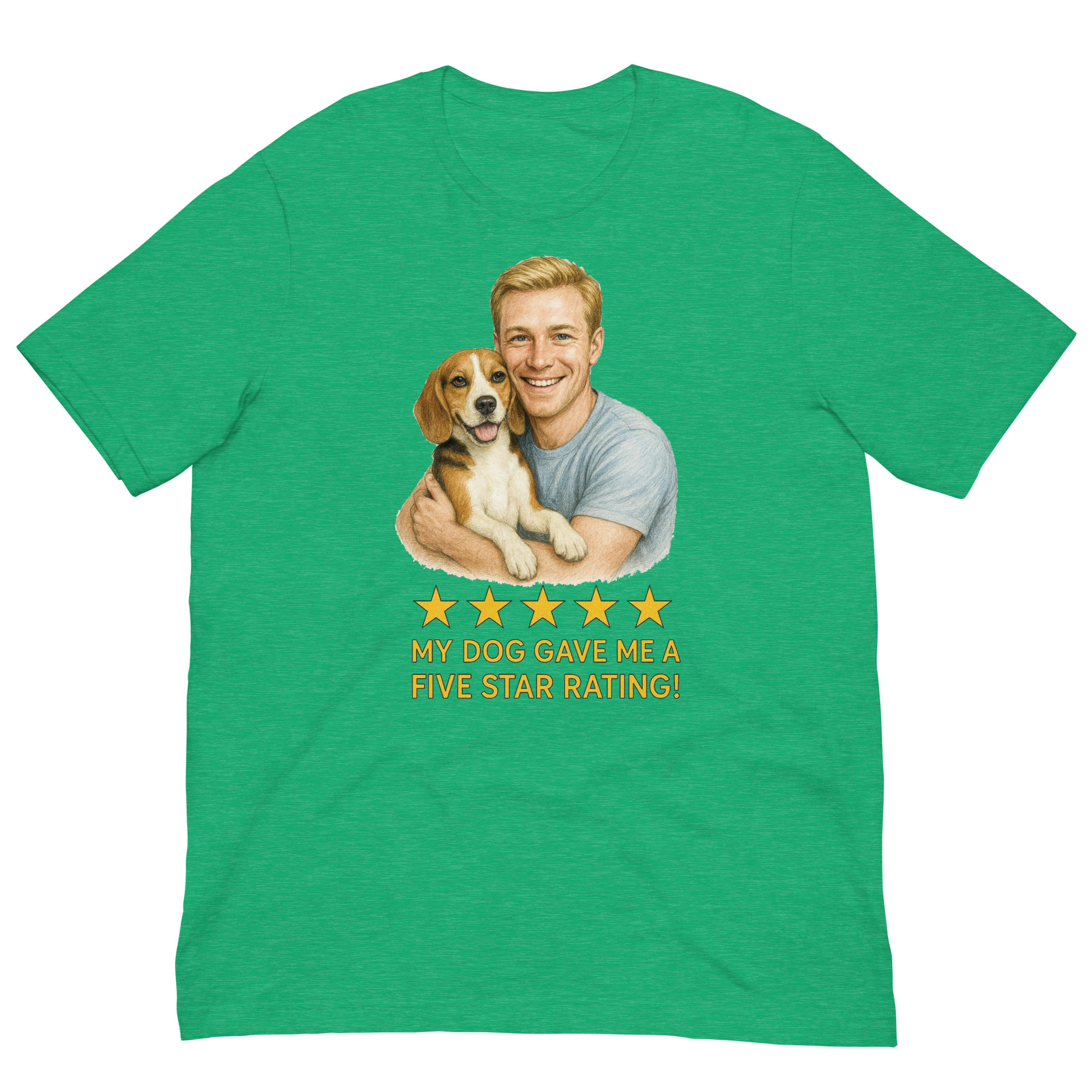 Blonde Man with Beagle graphic tee.