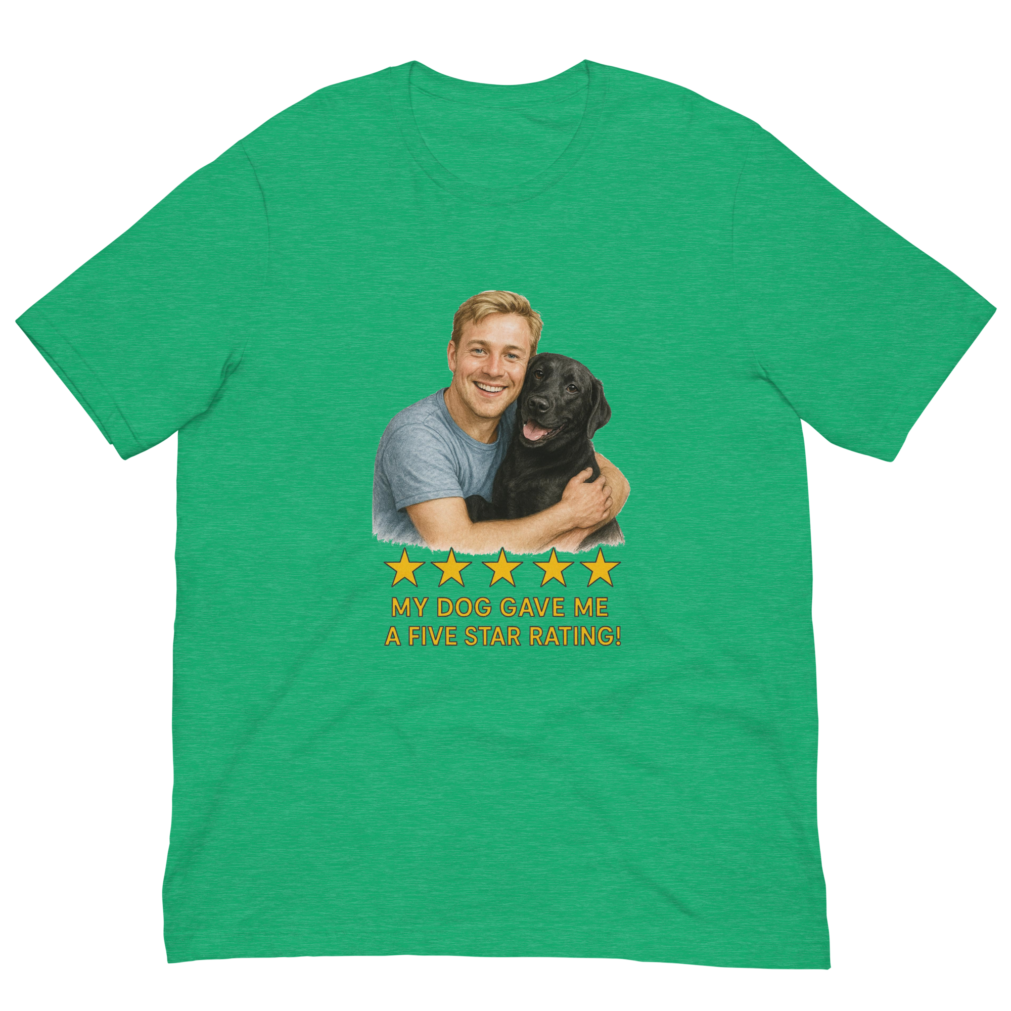 Blonde Man with Black Labrador graphic tee.