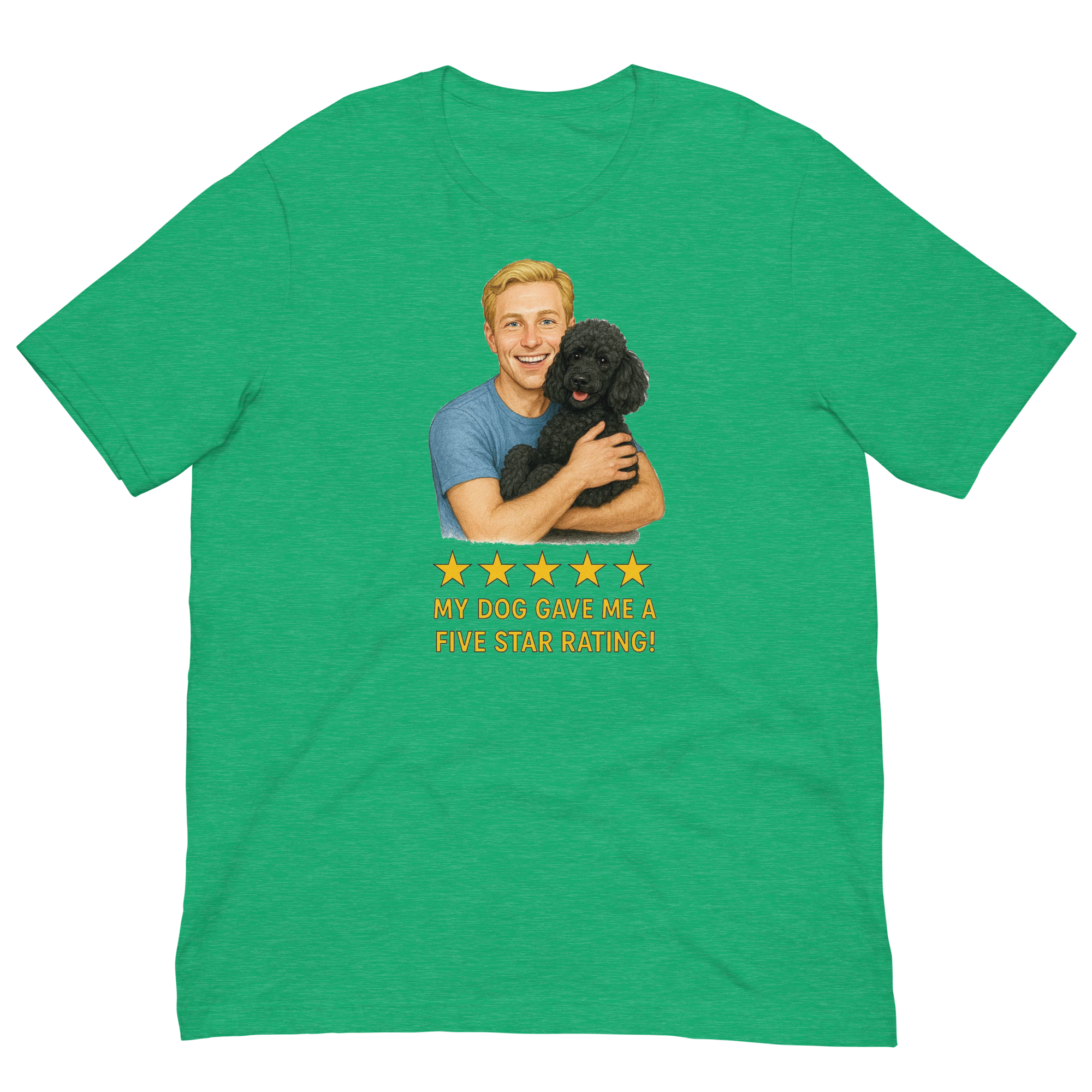 Blonde Man with Black Poodle graphic tee.