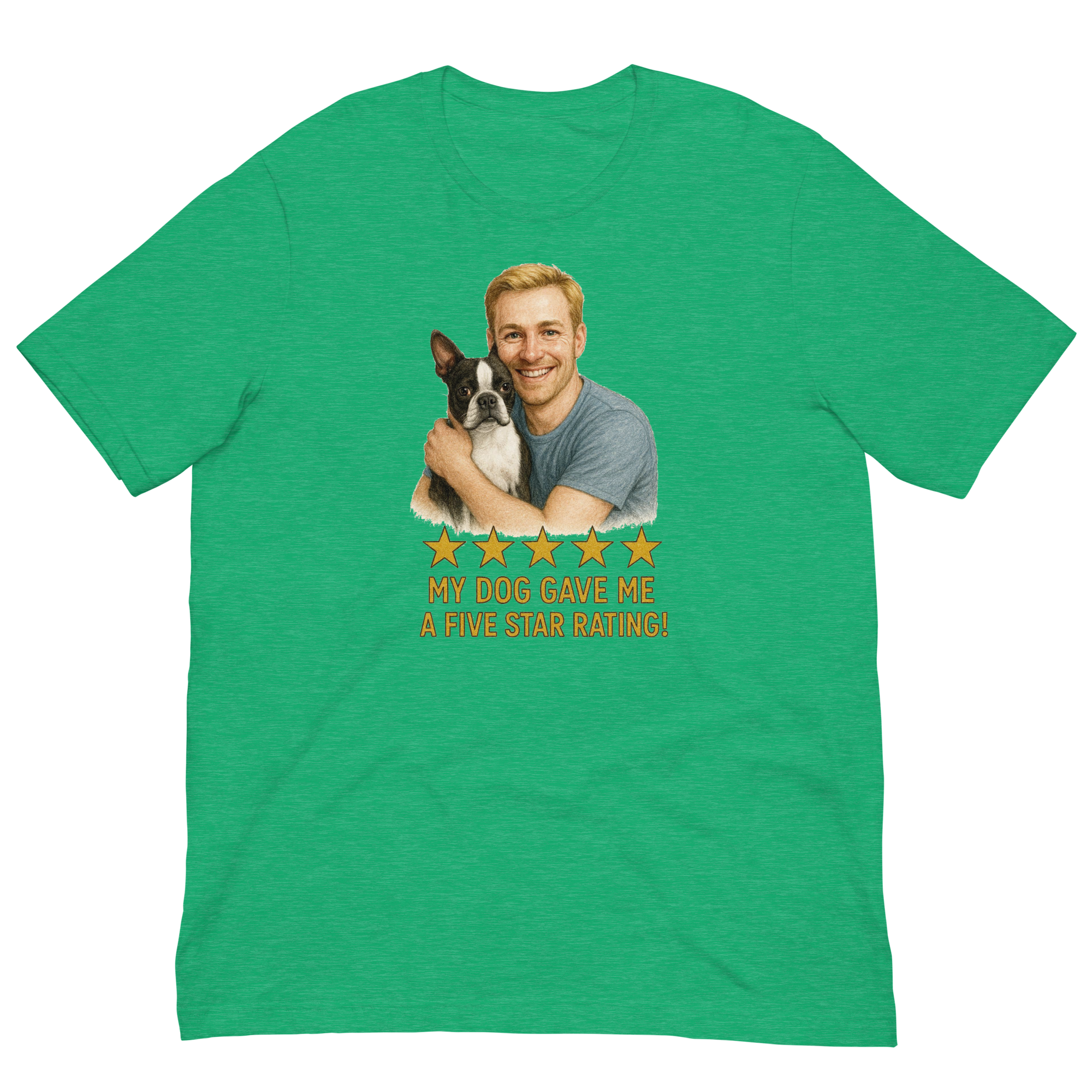 Blonde Man with Boston Terrier graphic tee.
