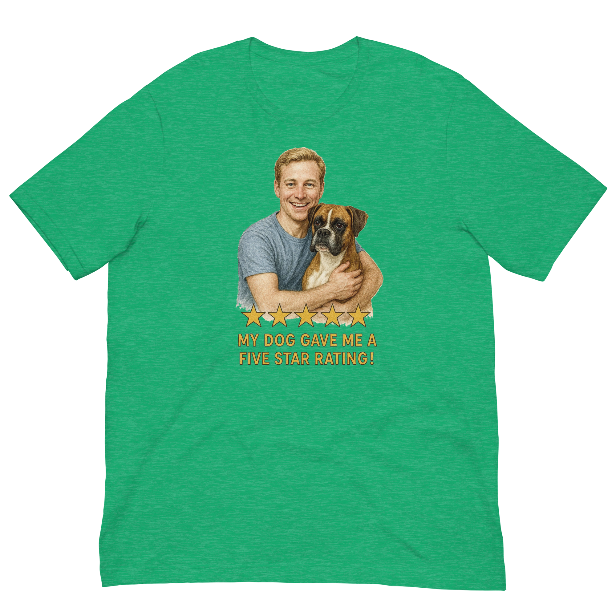Blonde Man with Boxer graphic tee.