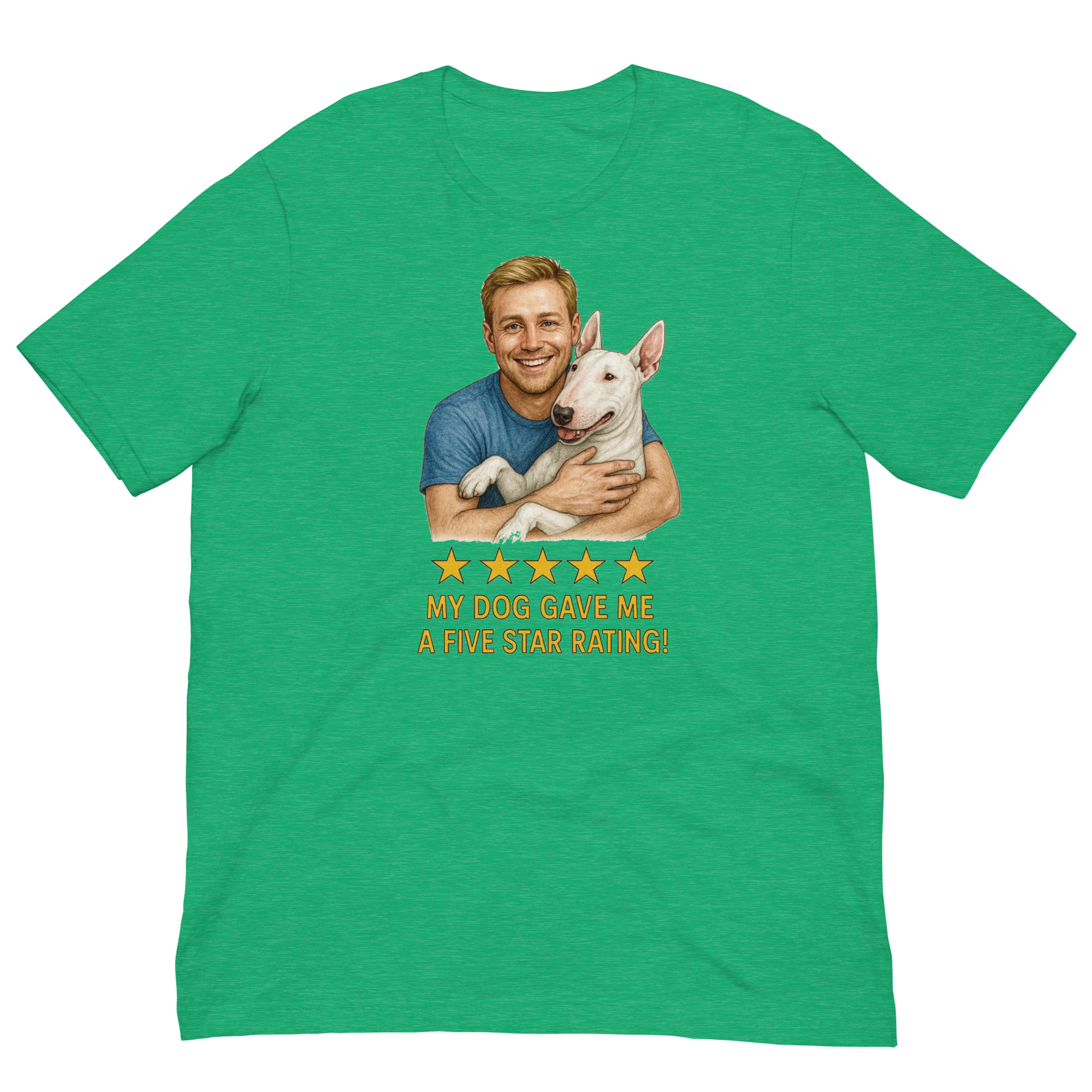Blonde Man with Bull Terrier graphic tee.