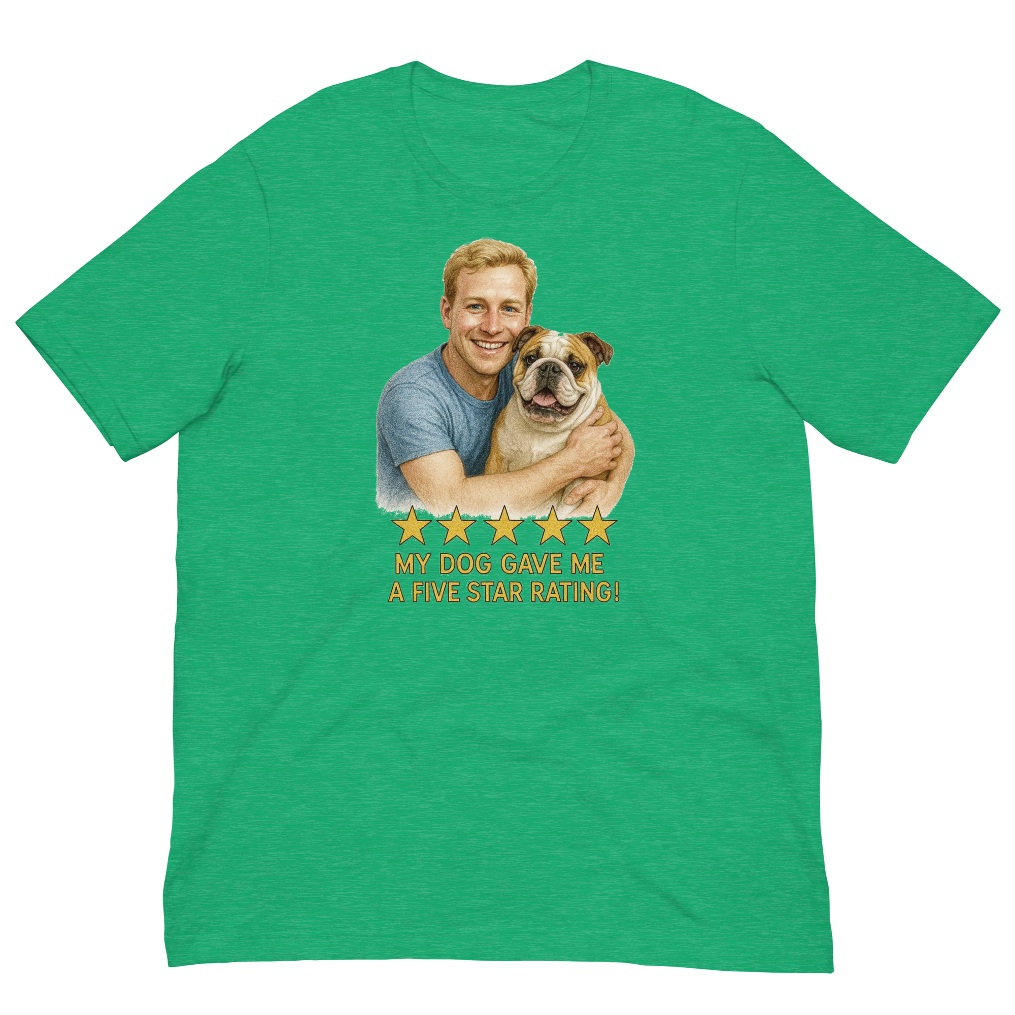 Blonde Man with Bulldog graphic tee.