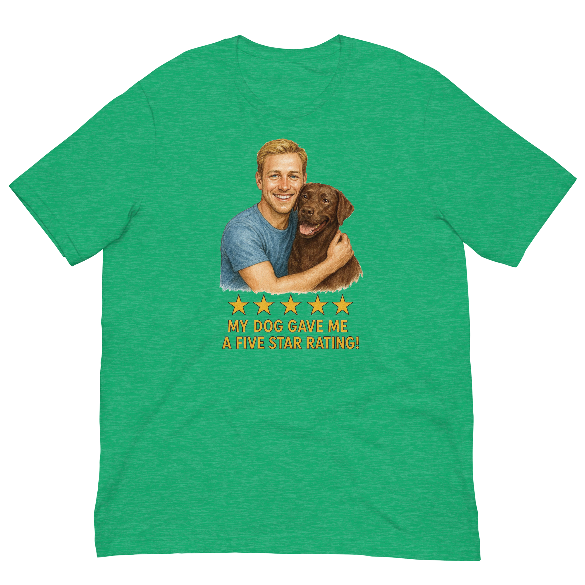 Blonde Man with Chocolate Labrador graphic tee.
