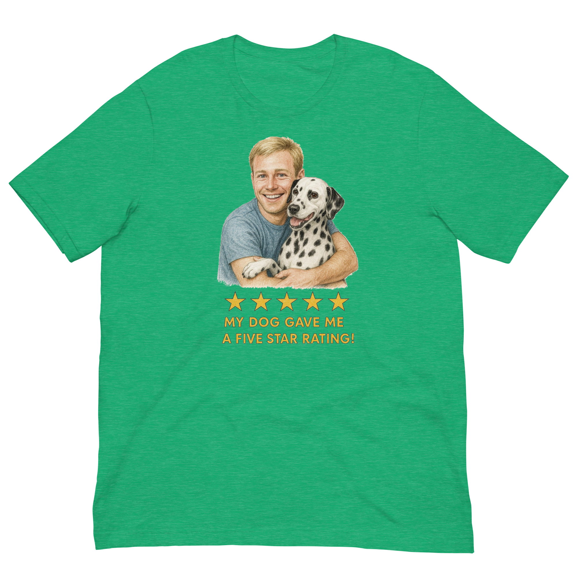 Blonde Man with Dalmatian graphic tee.